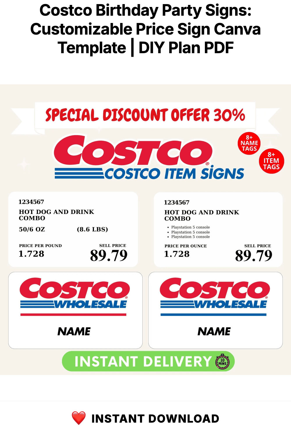 Costco Birthday Party Signs: Customizable Price Sign Canva Template