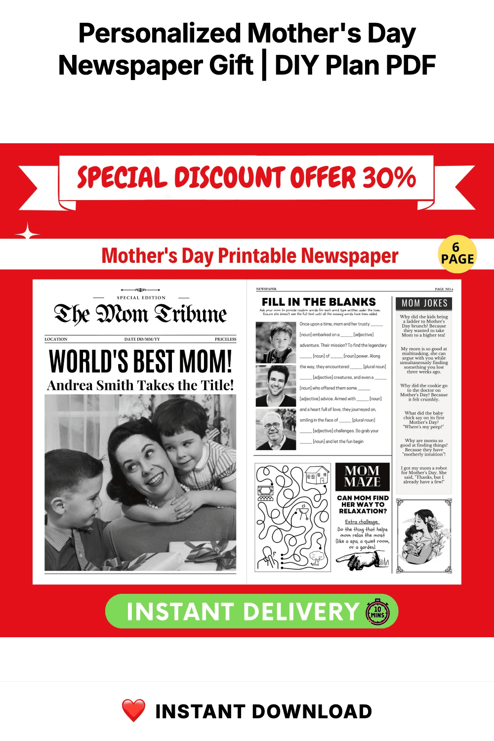Personalized Mother's Day Newspaper Gift | Printable Card (Canva Template)