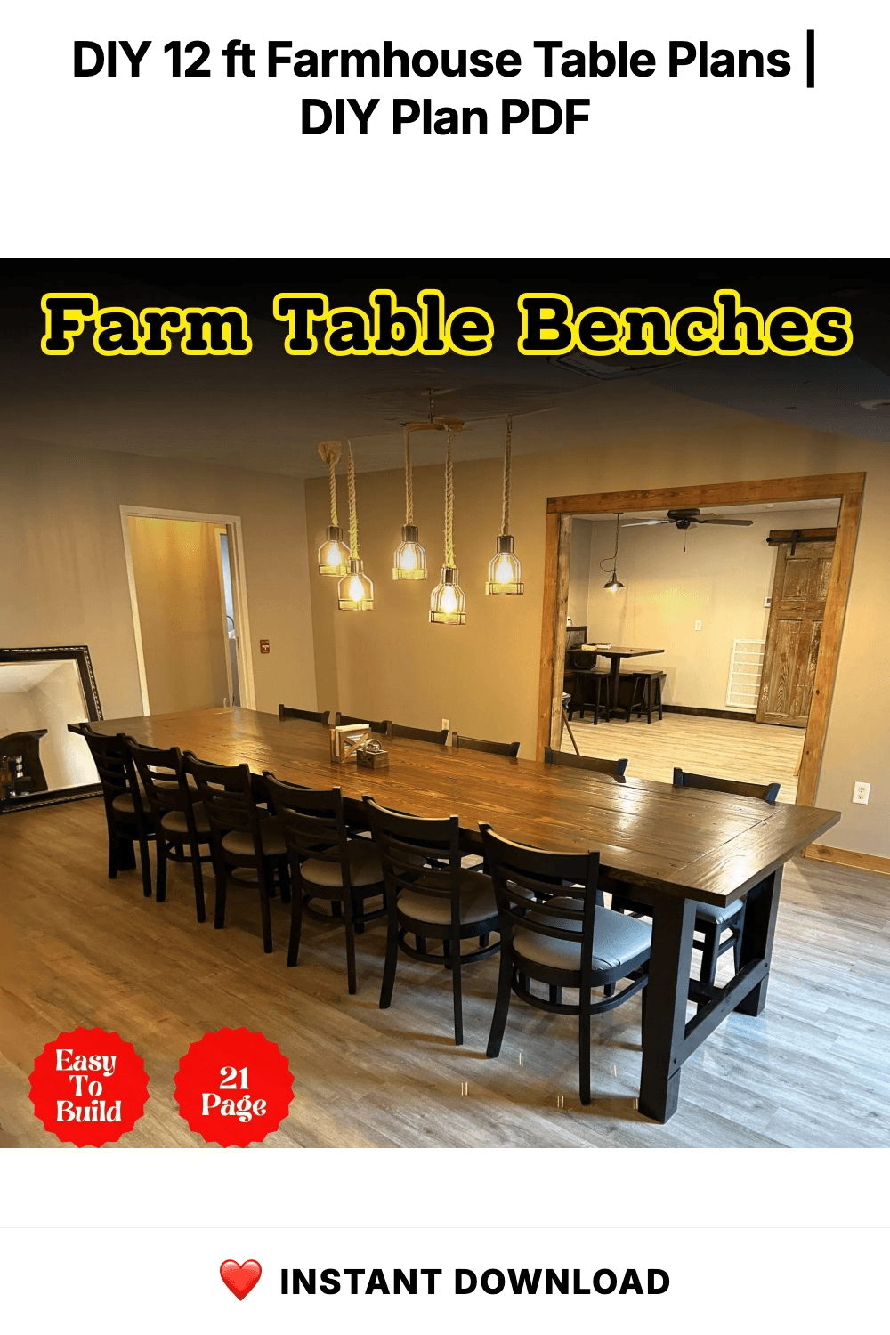 DIY 12 ft Farmhouse Table Plans | Rustic Outdoor Bench Table (Digital Download)