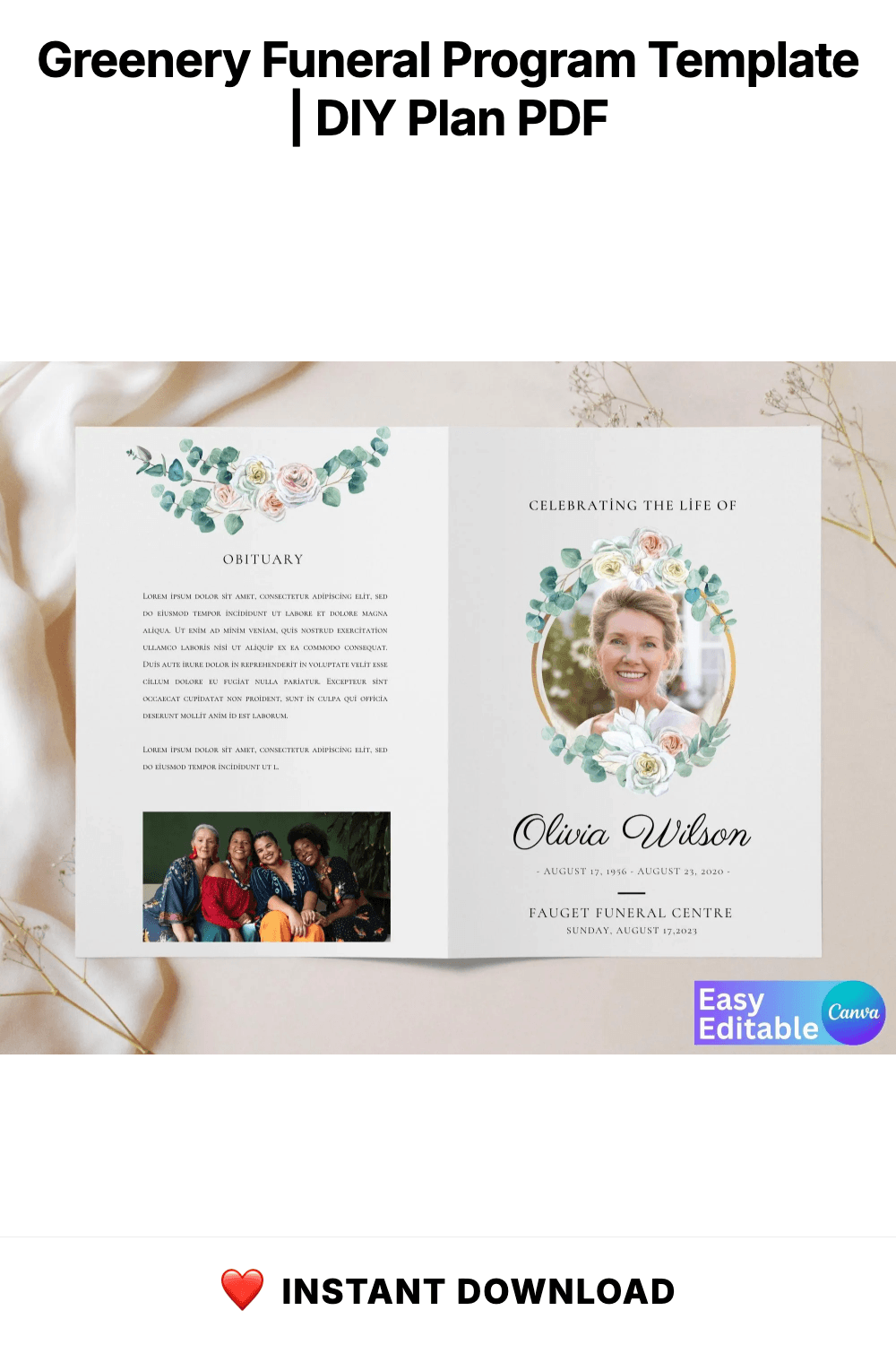 Greenery Funeral Program Template | Celebration of Life (Digital Download)