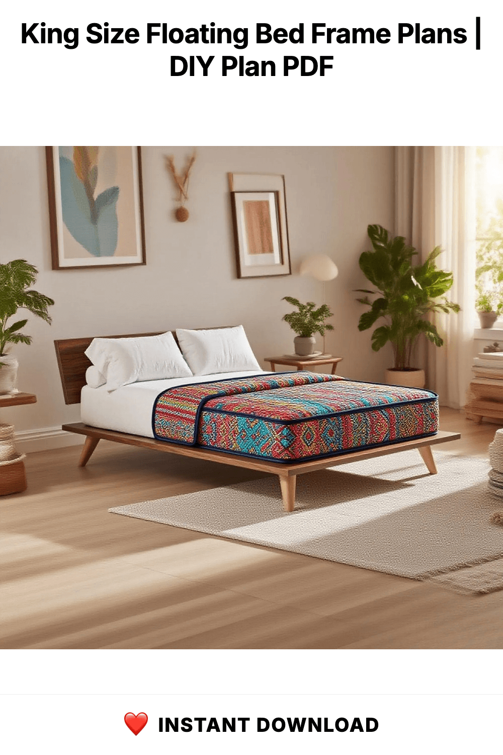 King Size Floating Bed Frame Plans | DIY Rustic Wood Design (PDF)