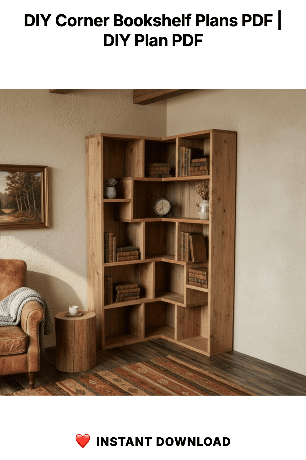 DIY Corner Bookshelf Plans PDF | Artistic Triangle Wall Shelf | Space-Saving Wood Corner Unit | Hanging Corner Bookcase & Decor