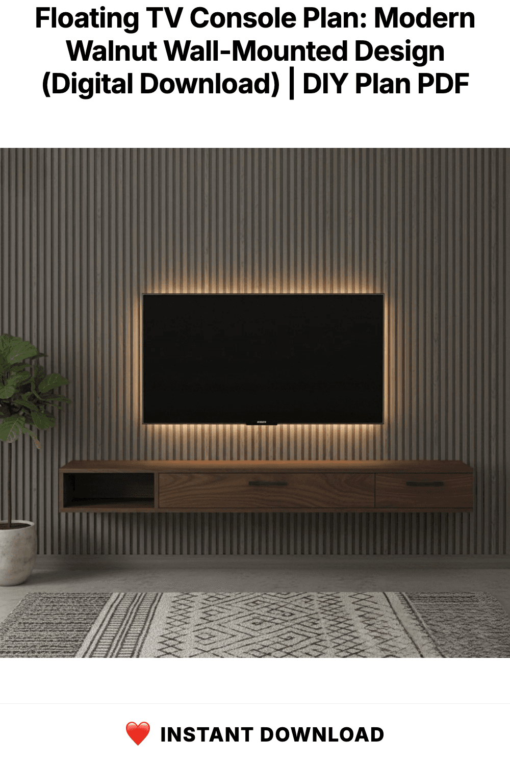 Floating TV Console Plan: Modern Walnut Wall-Mounted Design (Digital Download)