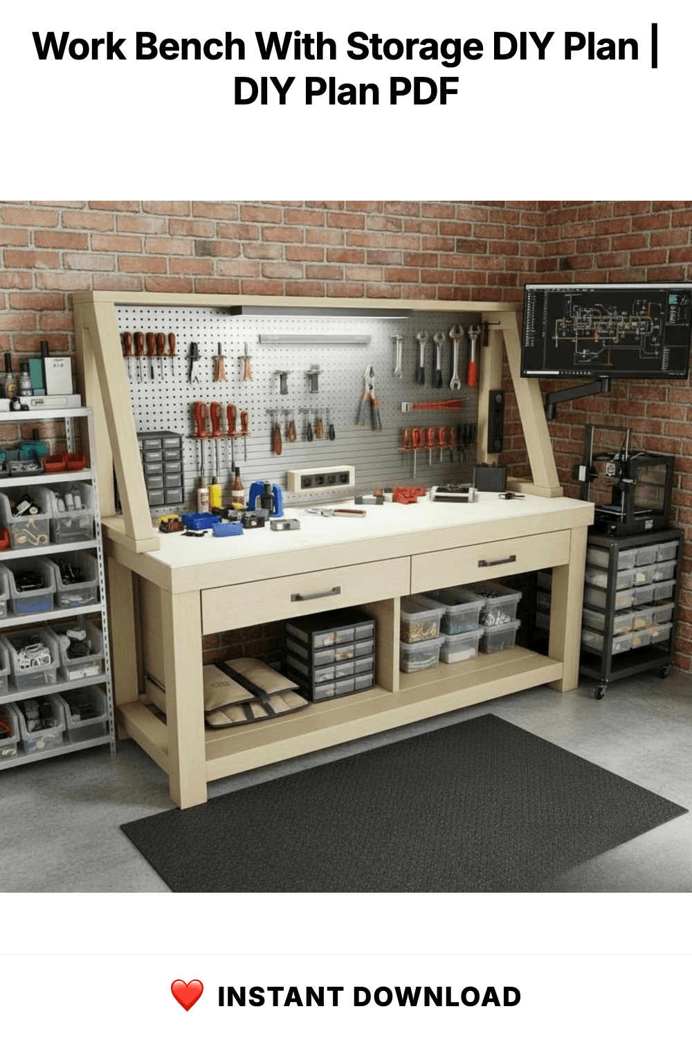 Work Bench With Storage DIY Plan | Garage Workbench and Woodworking Table with Shelves - Custom Stationary Desk Plan