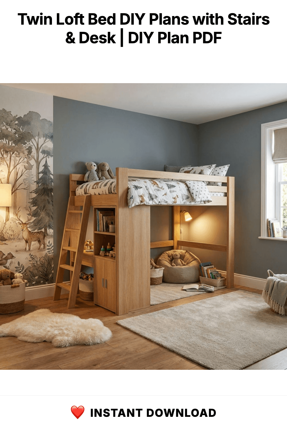 Twin Loft Bed DIY Plans with Stairs & Desk | Space Saving Blueprint (PDF Download)