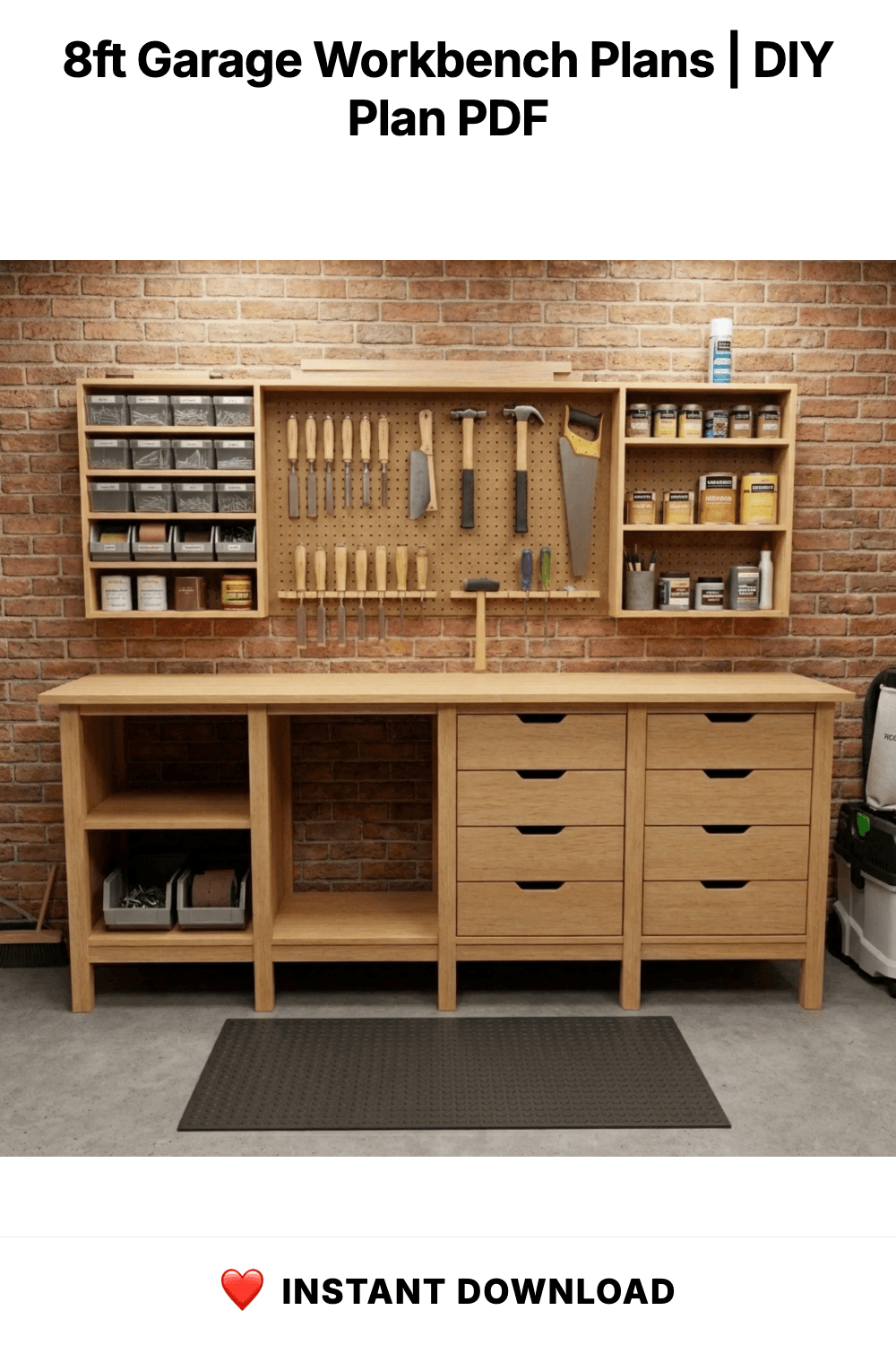 8ft Garage Workbench Plans | DIY Woodshop Table with Shelves (PDF Download)