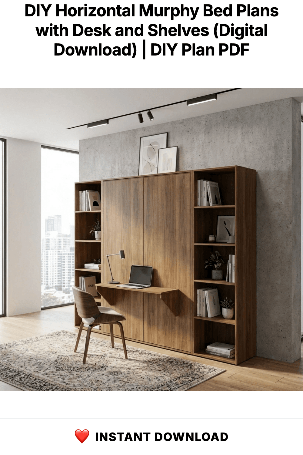 DIY Horizontal Murphy Bed Plans with Desk and Shelves (Digital Download)