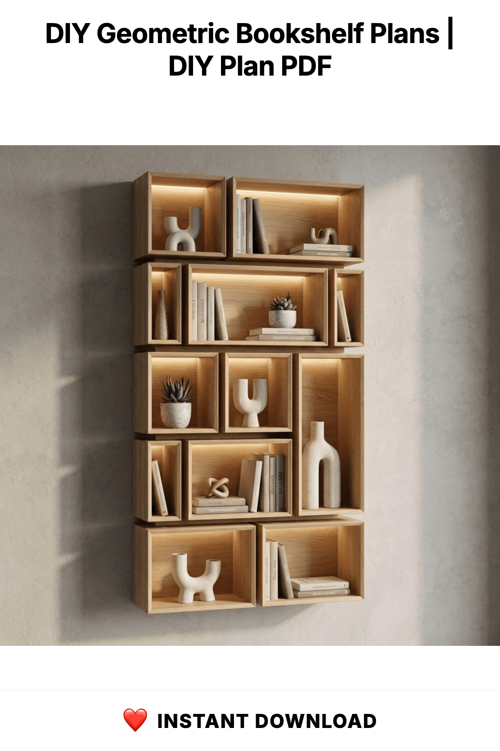 DIY Geometric Bookshelf Plans | Large Asymmetrical Bookcase Blueprint | Abstract Wall Book Shelves PDF