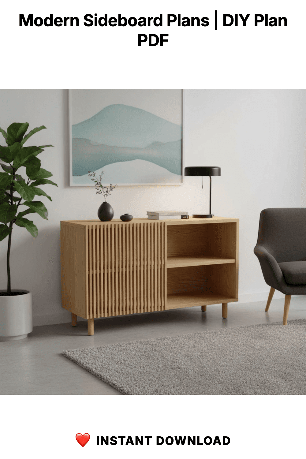 Modern Sideboard Plans | Slatted Door, Mid-Century Legs (Digital Download)