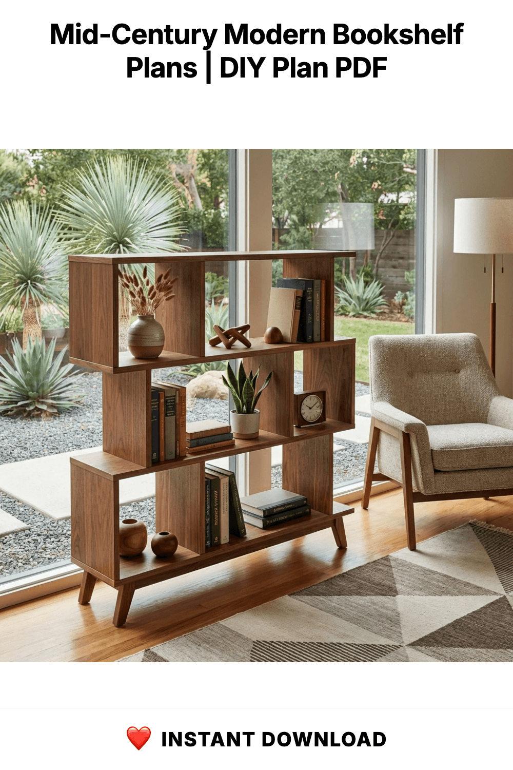 Mid-Century Modern Bookshelf Plans | Geometric Wood Bookcase Blueprint (Digital Download)