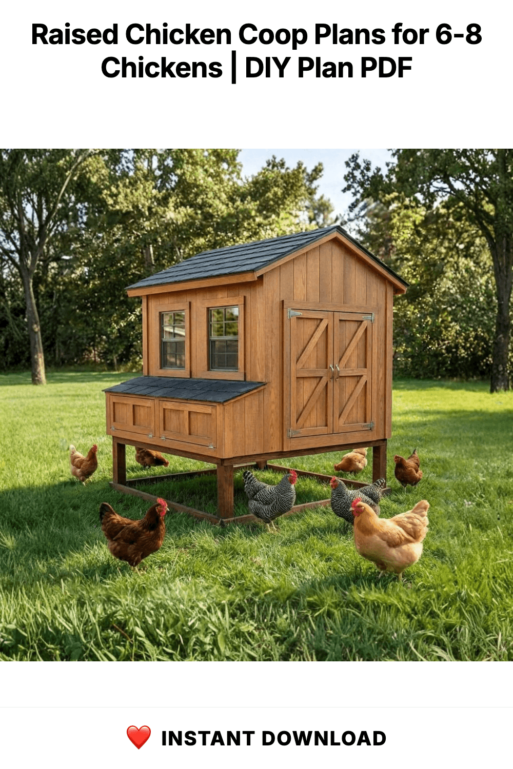 Raised Chicken Coop Plans for 6-8 Chickens | Cabin Style Hen House Blueprint (PDF)
