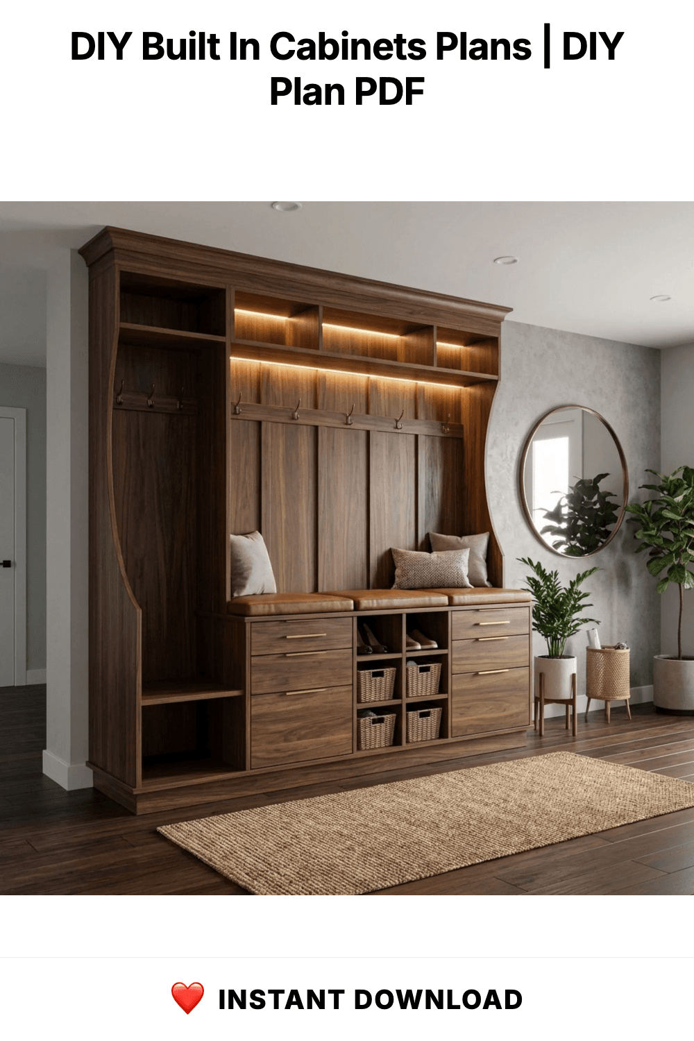 DIY Built In Cabinets Plans | Large Mudroom Hall Tree Blueprint | Wall Unit Storage Cabinet PDF