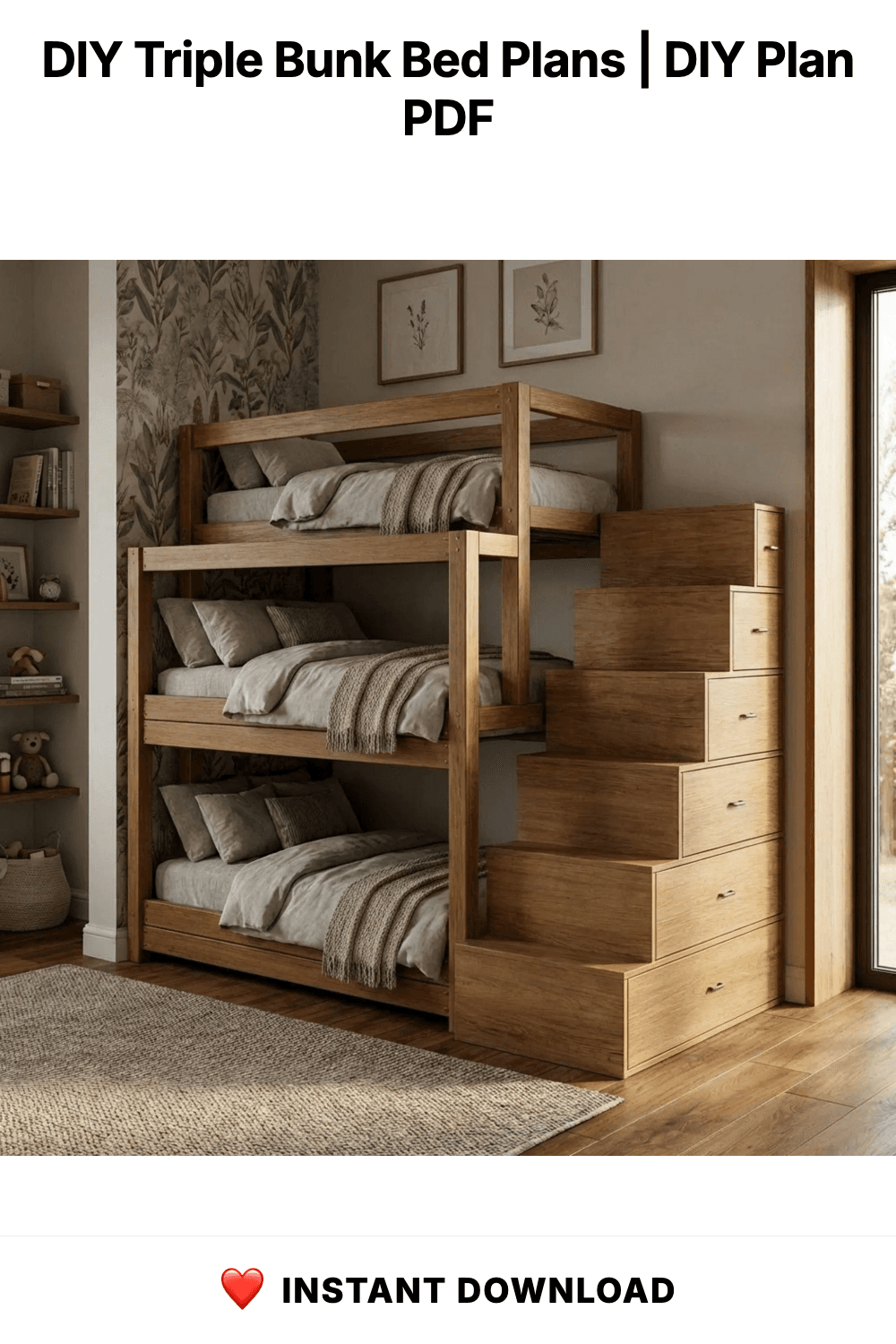 DIY Triple Bunk Bed Plans | 3 Tier Bunk Bed with Storage Stairs | Wooden Loft Bed Blueprint PDF