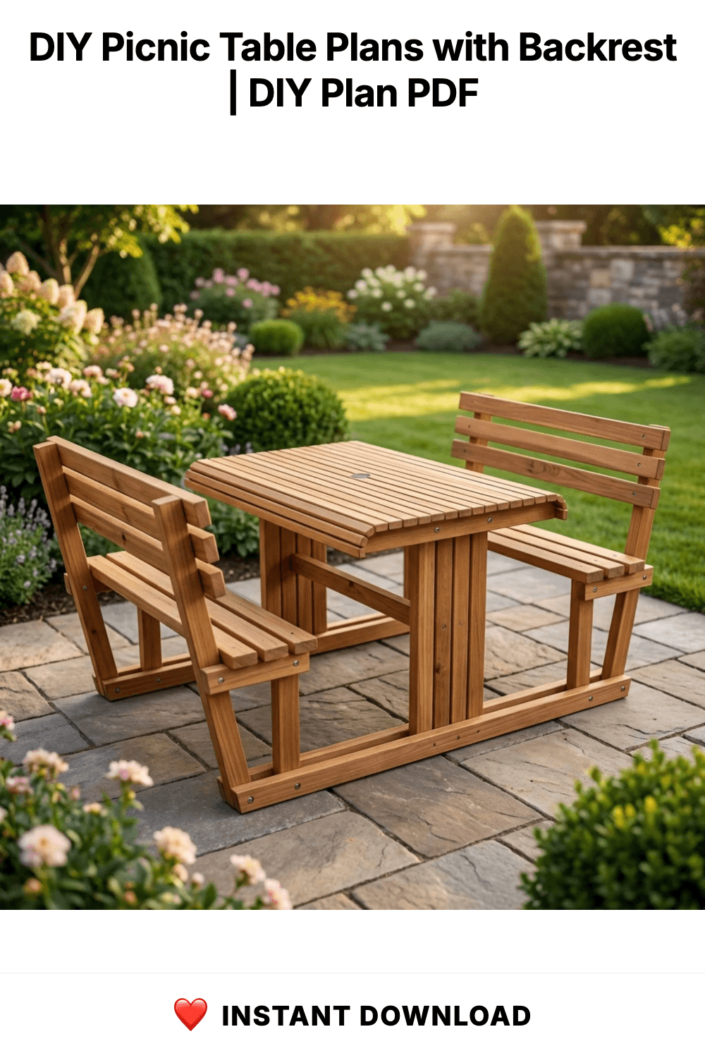DIY Picnic Table Plans with Backrest | Outdoor Table Plans PDF | Picnic Bench Blueprint | Outside Table and Benches Woodworking Template