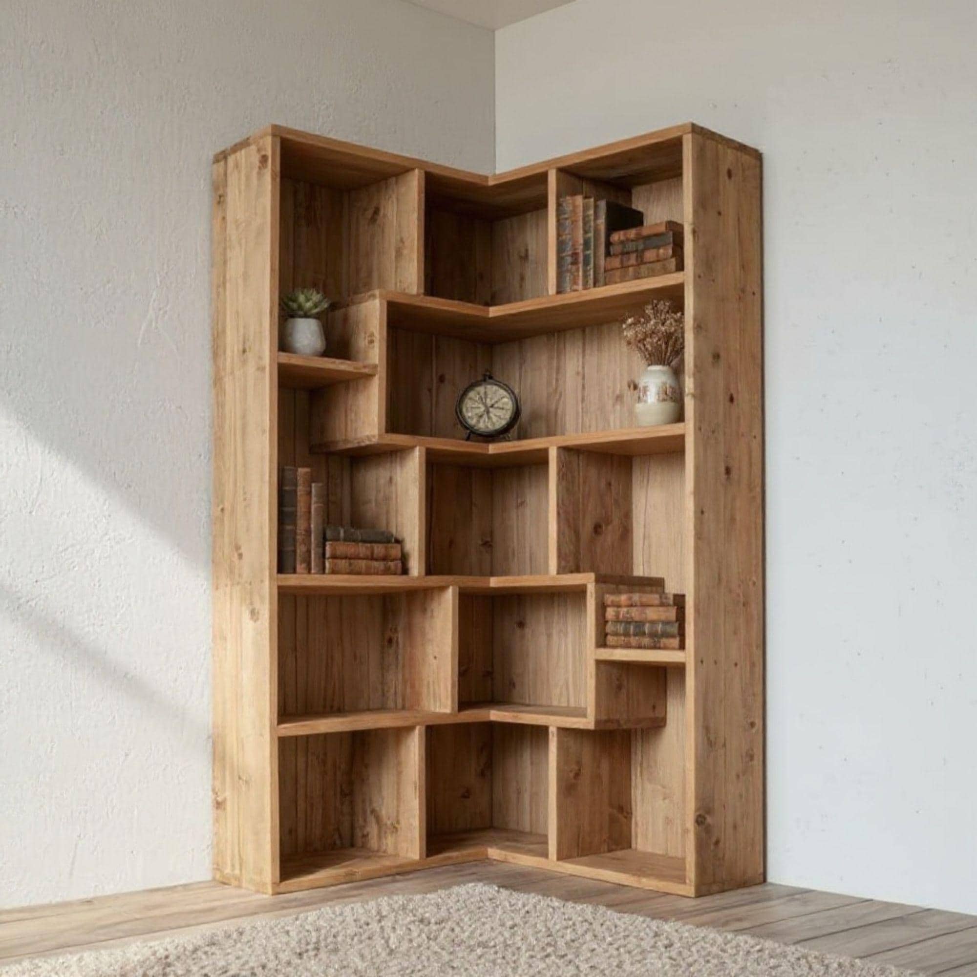 DIY Corner Bookshelf Plans PDF | Artistic Triangle Wall Shelf | Space-Saving Wood Corner Unit | Hanging Corner Bookcase & Decor 3