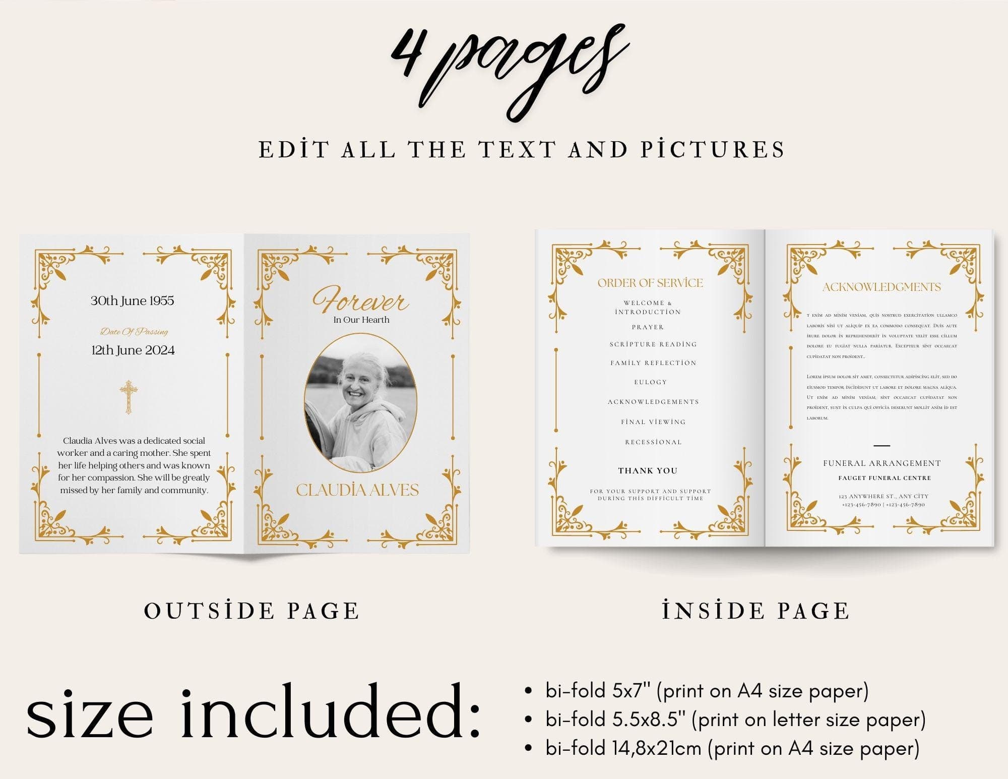 Gold Funeral Program Template | Canva Bifold Memorial (Digital Download) 2