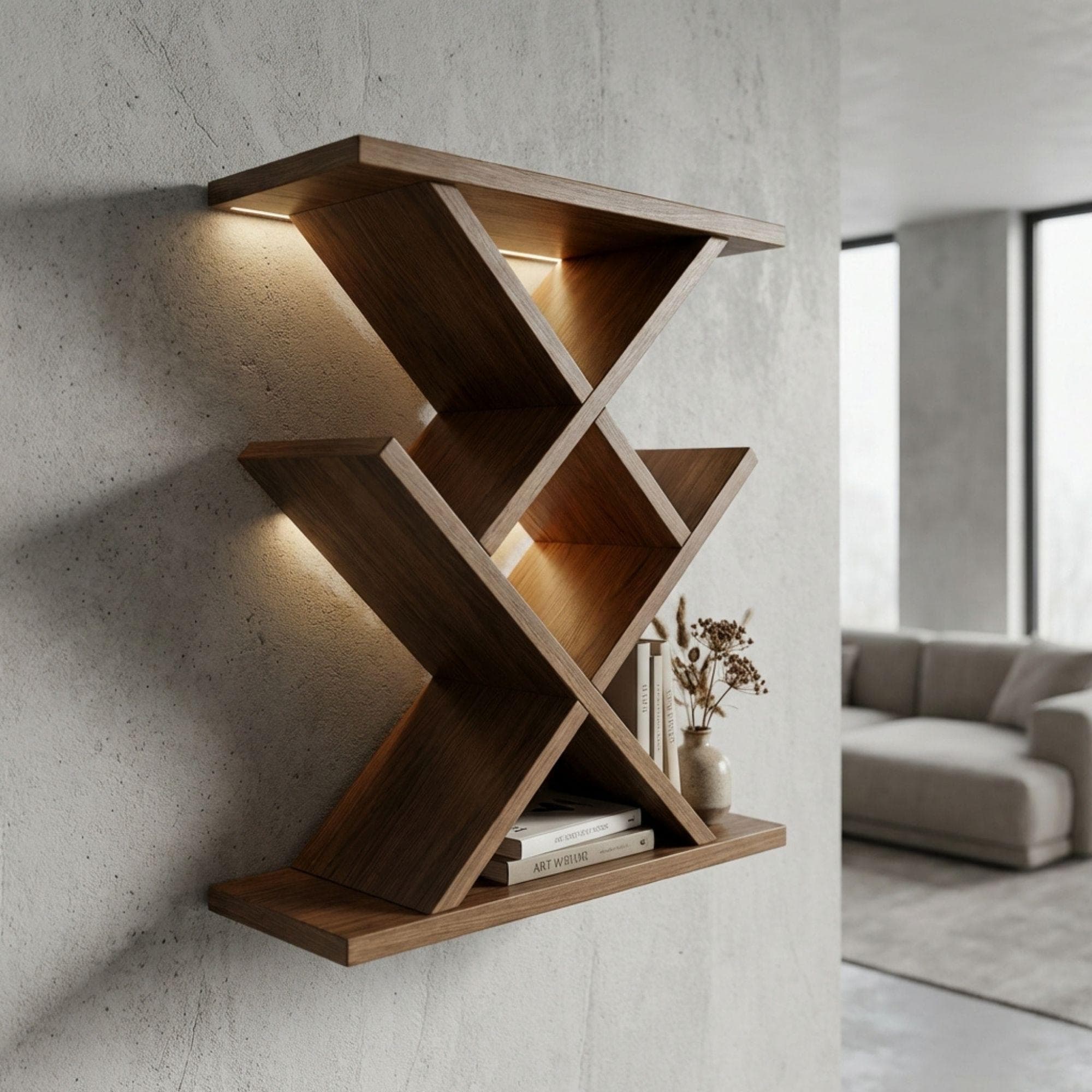 DIY Floating Shelf Plan | Modern X Shaped Wall Shelf Blueprint | Geometric Bookcase Woodworking Plans 3