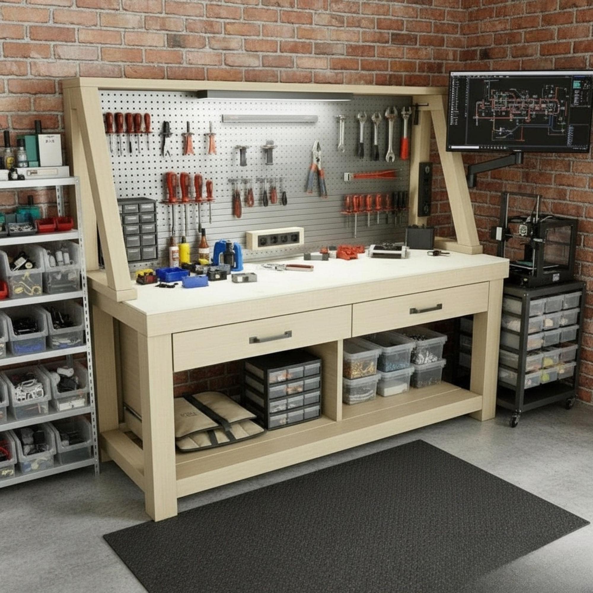 Work Bench With Storage DIY Plan | Garage Workbench and Woodworking Table with Shelves - Custom Stationary Desk Plan