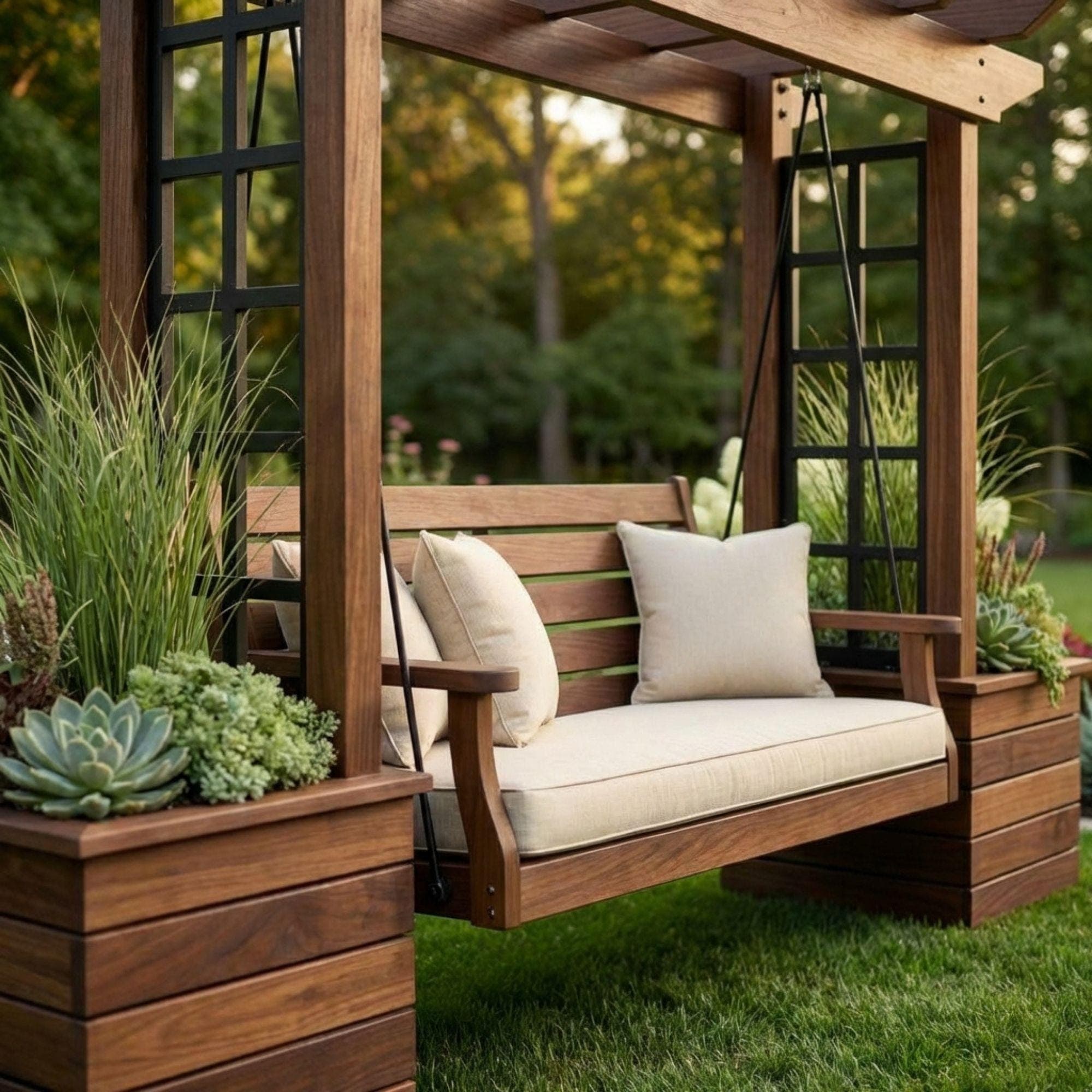 DIY Wooden Bench with Pergola and Planters | Outdoor Garden Seating & Trellis Woodworking Plan 6