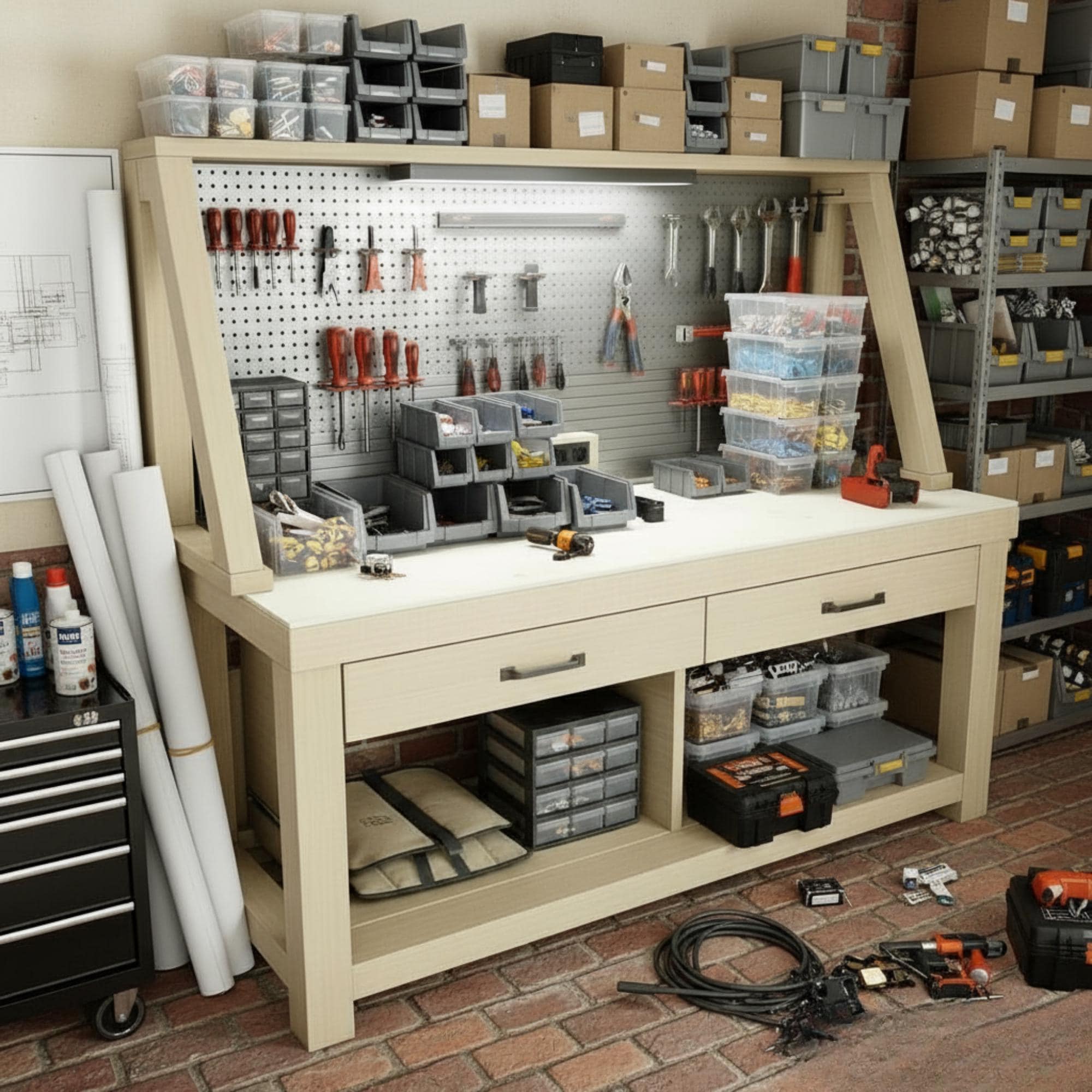 Work Bench With Storage DIY Plan | Garage Workbench and Woodworking Table with Shelves - Custom Stationary Desk Plan 2