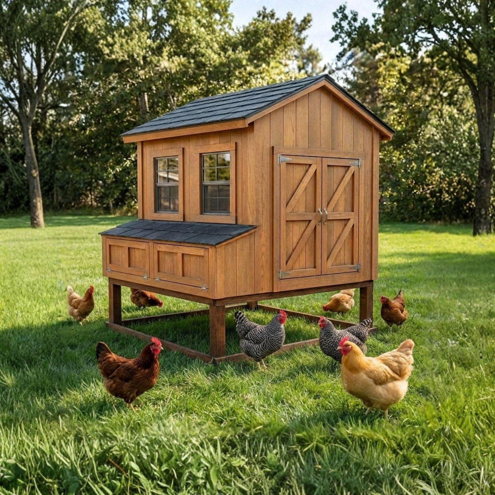 Raised Chicken Coop Plans for 6-8 Chickens | Cabin Style Hen House Blueprint (PDF)