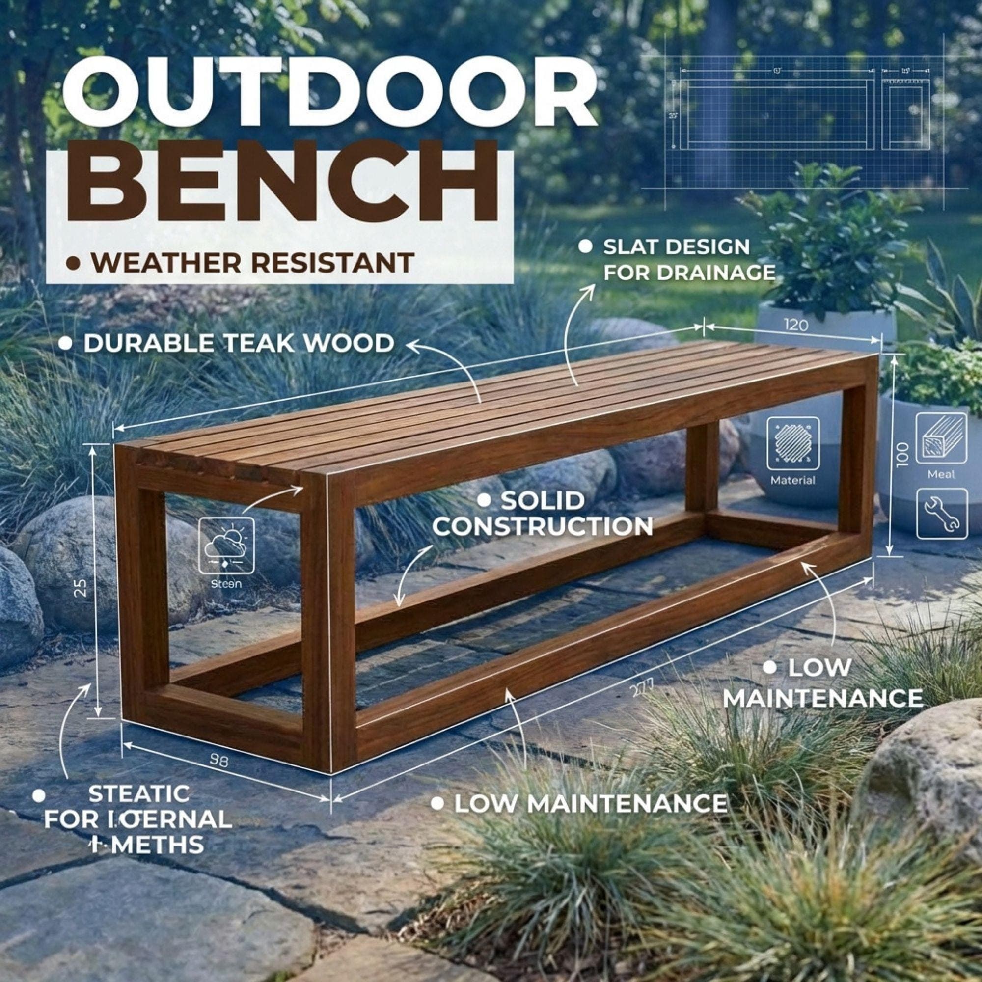 DIY Outdoor Bench Plans | Simple Wood Deck Bench Blueprint | Modern Backless Garden Seating PDF 3