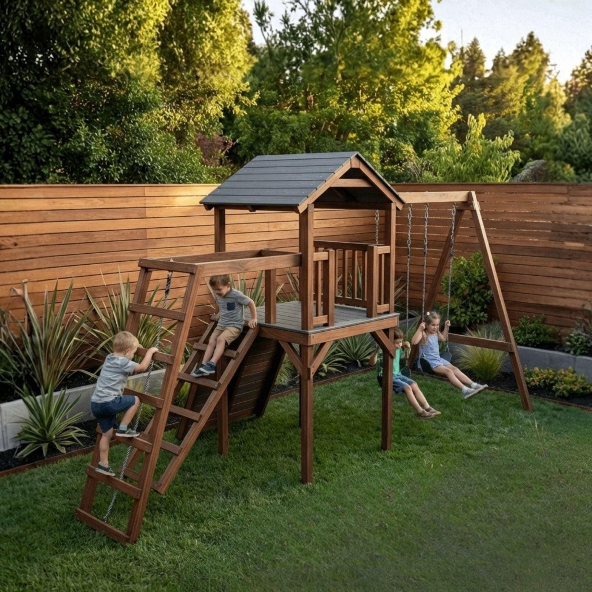 DIY Swingset With Playhouse Plans | Wooden Playset Plan PDF | Backyard Playground Plans
