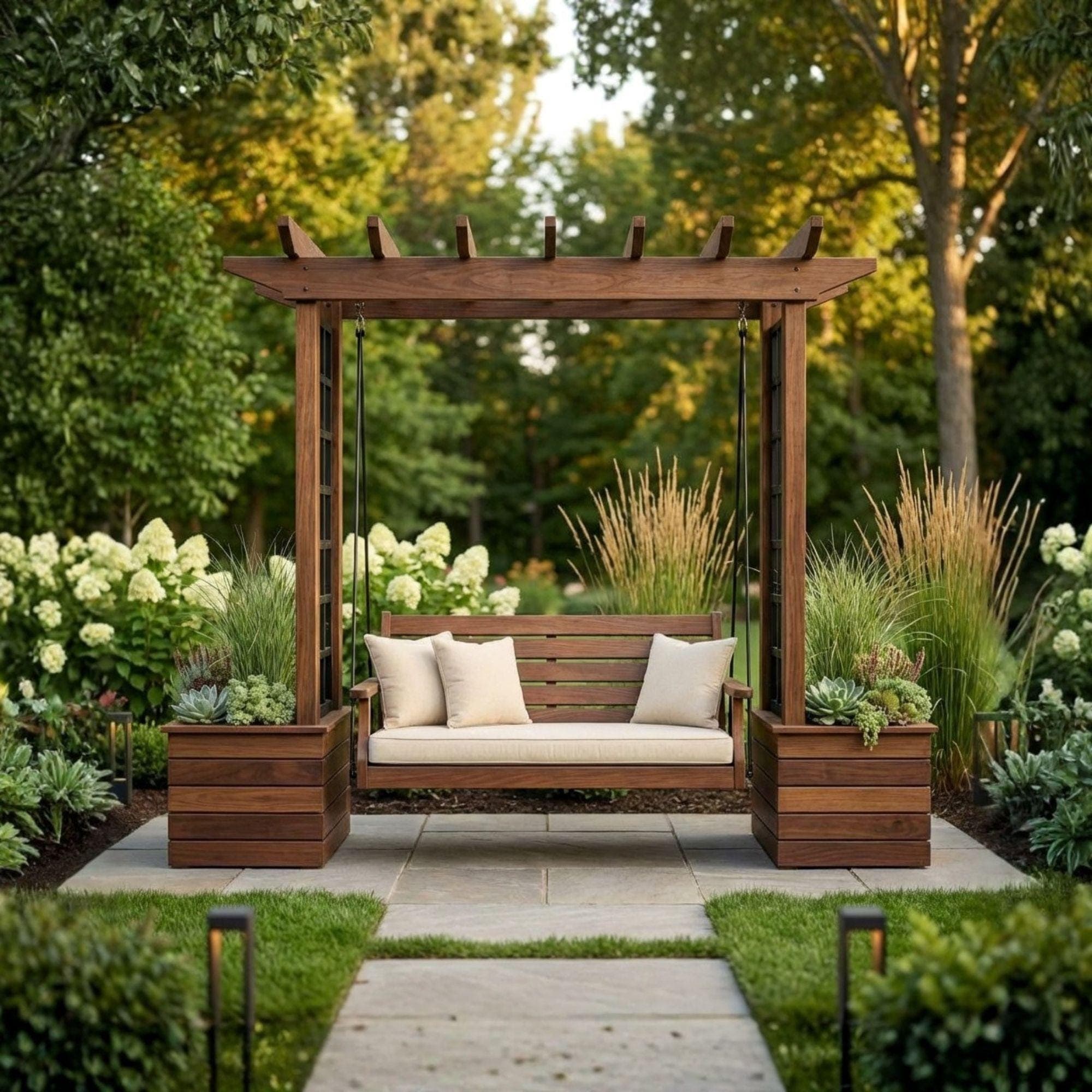 DIY Wooden Bench with Pergola and Planters | Outdoor Garden Seating & Trellis Woodworking Plan 5