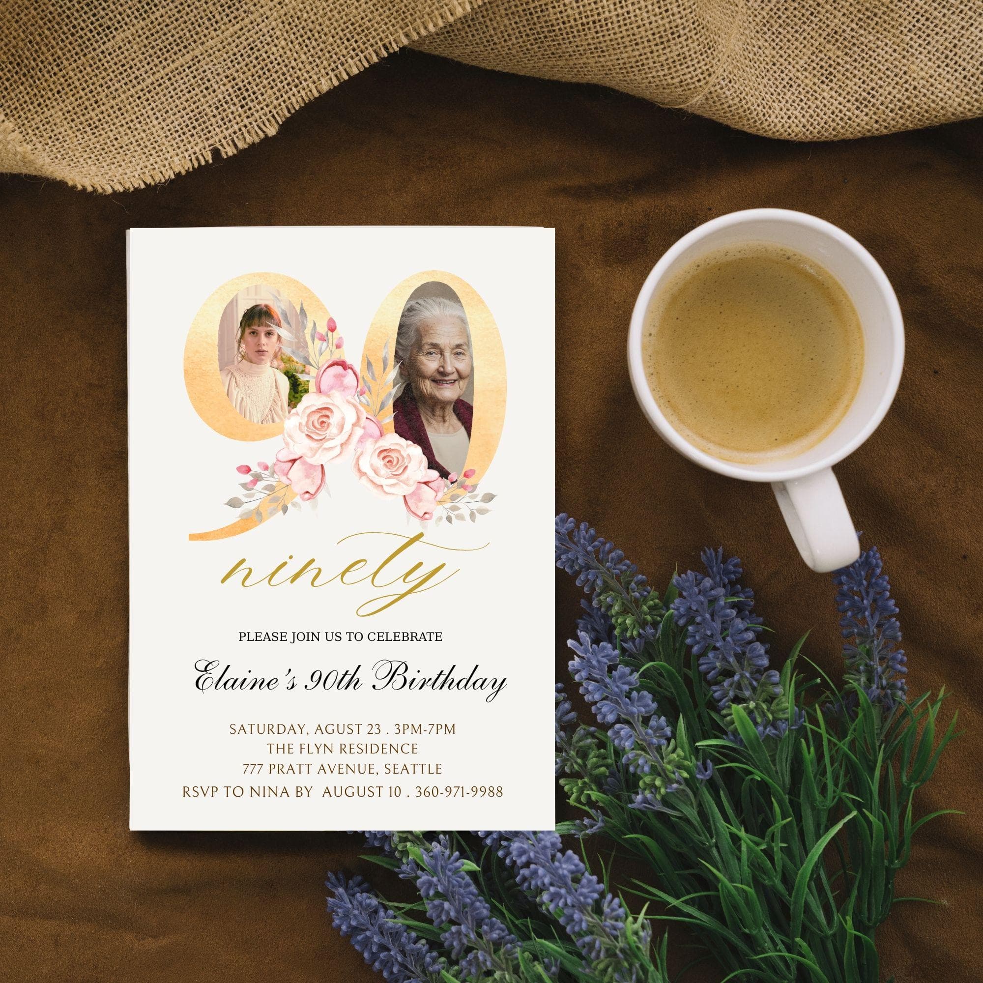 Floral 90th Birthday Invitation | Photo Keepsake (Digital) 3