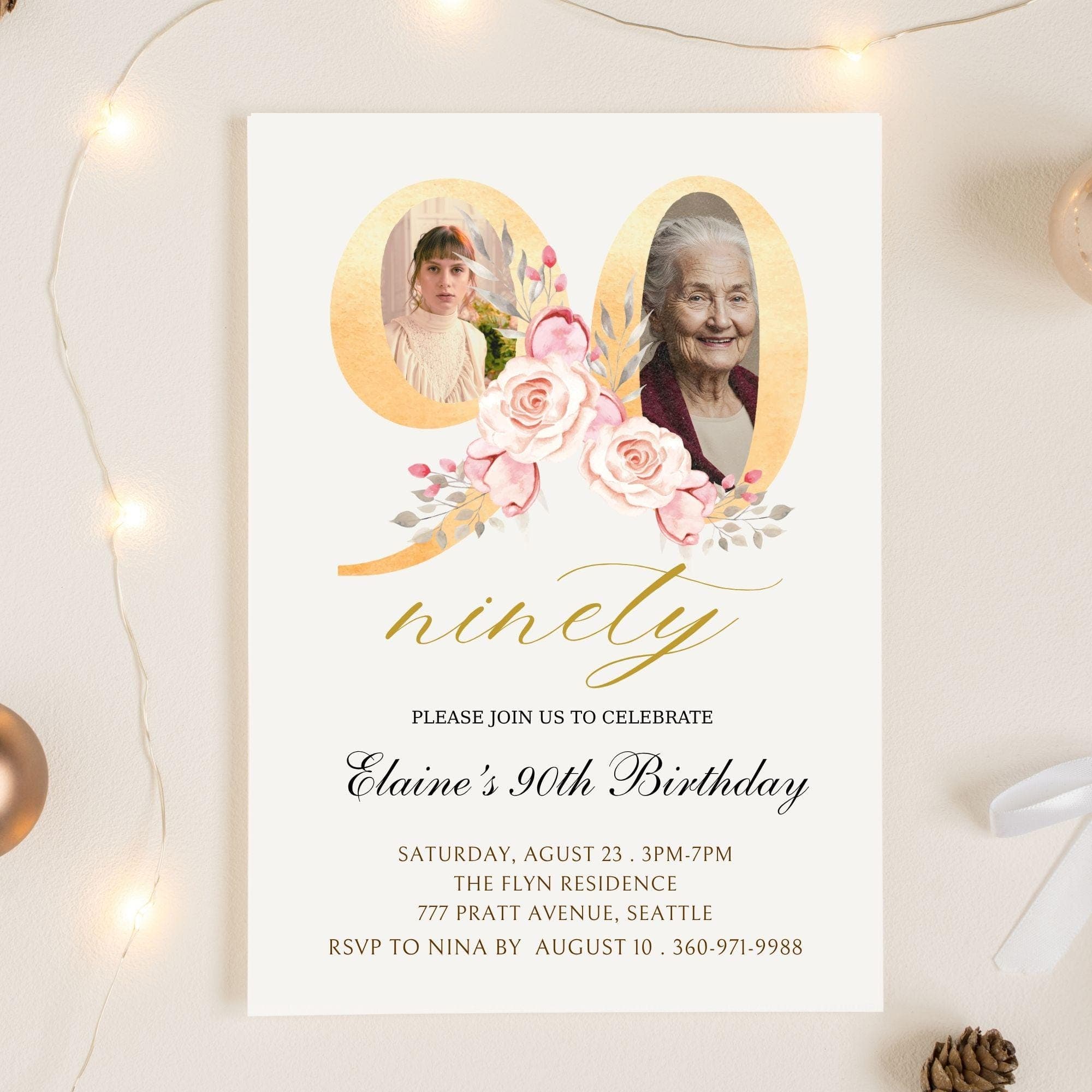 Floral 90th Birthday Invitation | Photo Keepsake (Digital) 1