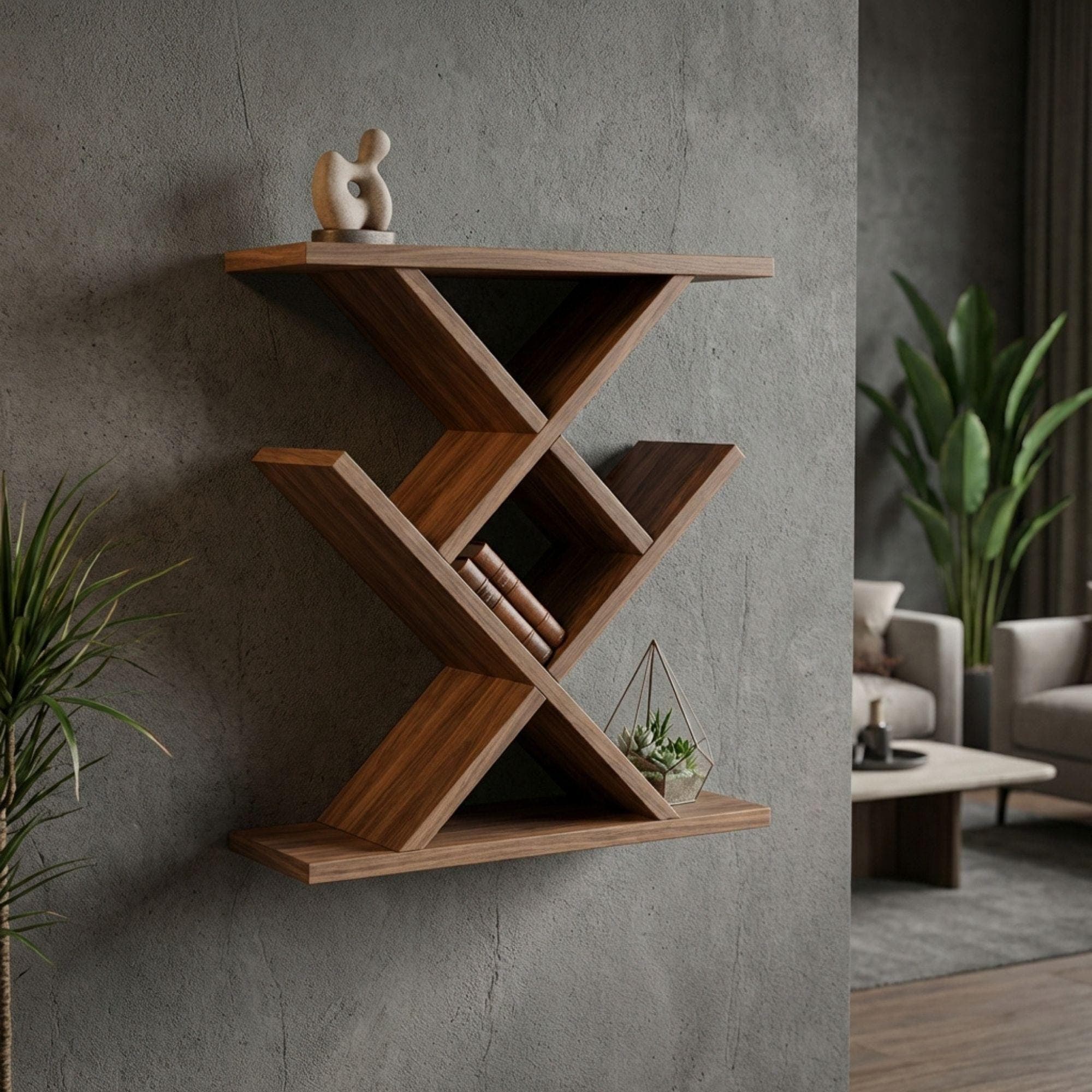 DIY Floating Shelf Plan | Modern X Shaped Wall Shelf Blueprint | Geometric Bookcase Woodworking Plans 2