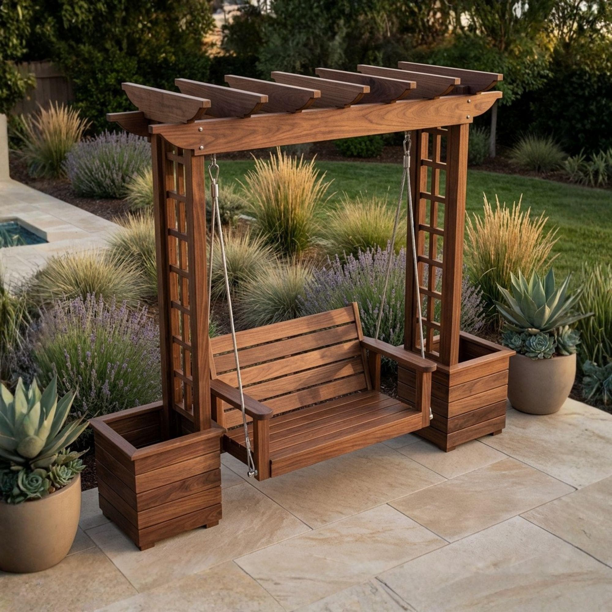 DIY Wooden Bench with Pergola and Planters | Outdoor Garden Seating & Trellis Woodworking Plan 2