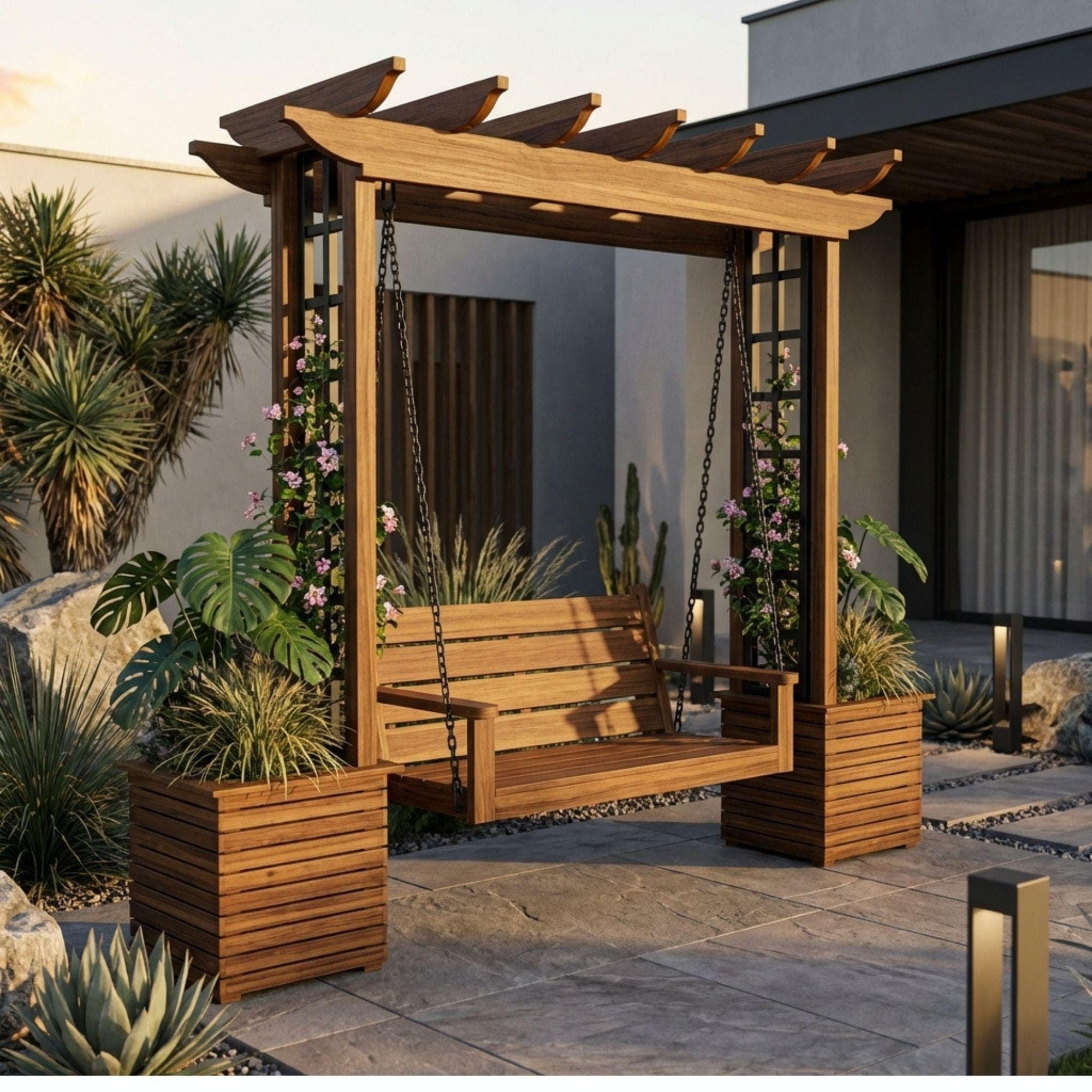 DIY Wooden Bench with Pergola and Planters | Outdoor Garden Seating & Trellis Woodworking Plan 3