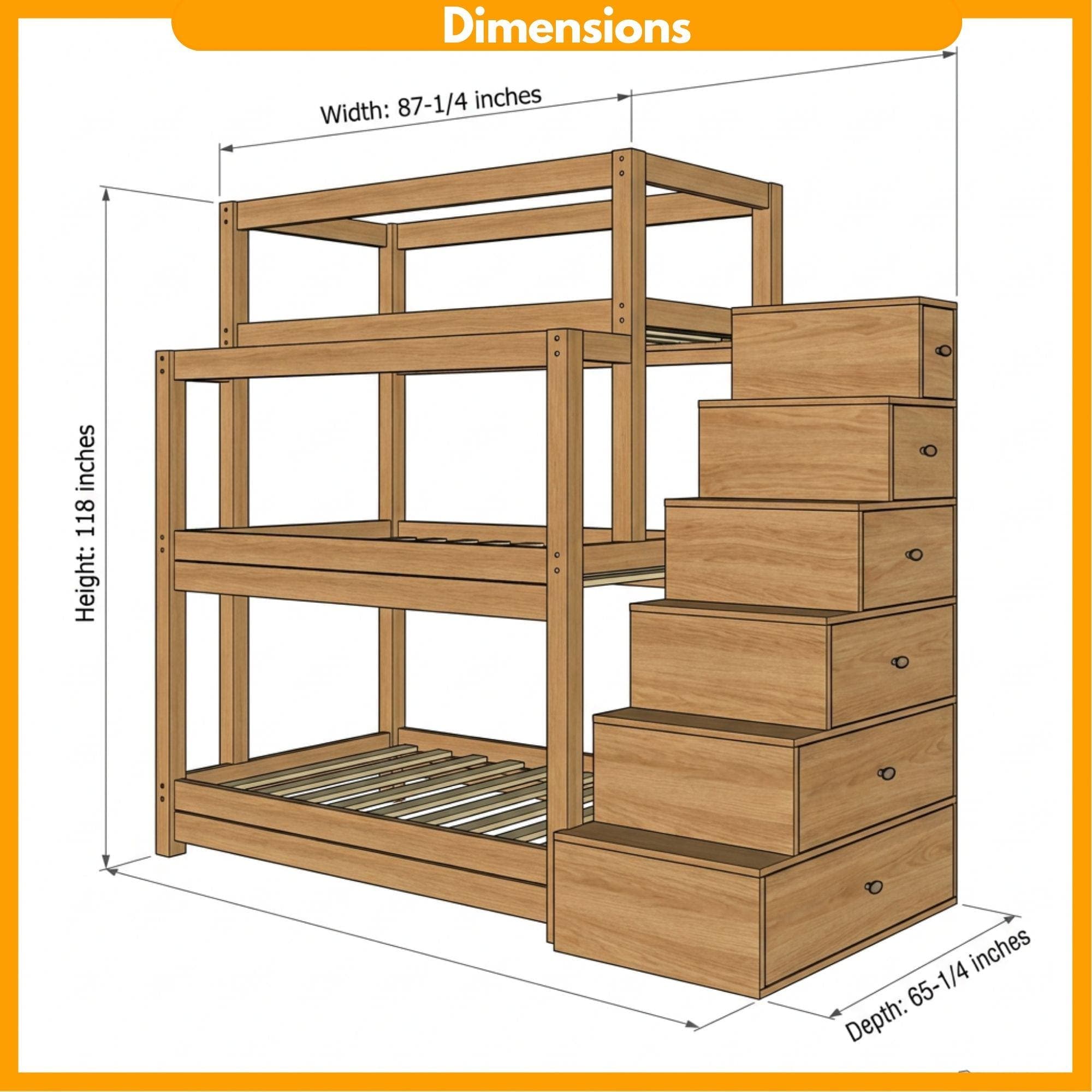 DIY Triple Bunk Bed Plans | 3 Tier Bunk Bed with Storage Stairs | Wooden Loft Bed Blueprint PDF 1