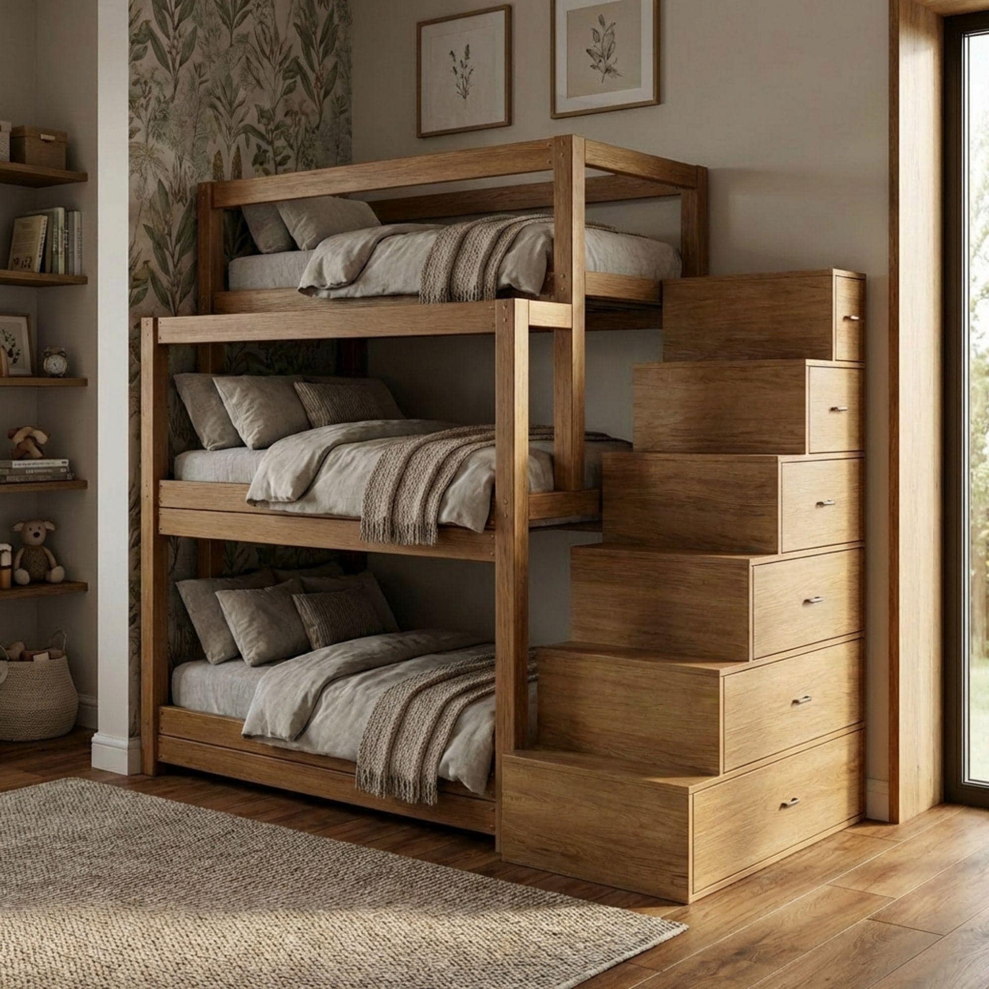 DIY Triple Bunk Bed Plans | 3 Tier Bunk Bed with Storage Stairs | Wooden Loft Bed Blueprint PDF