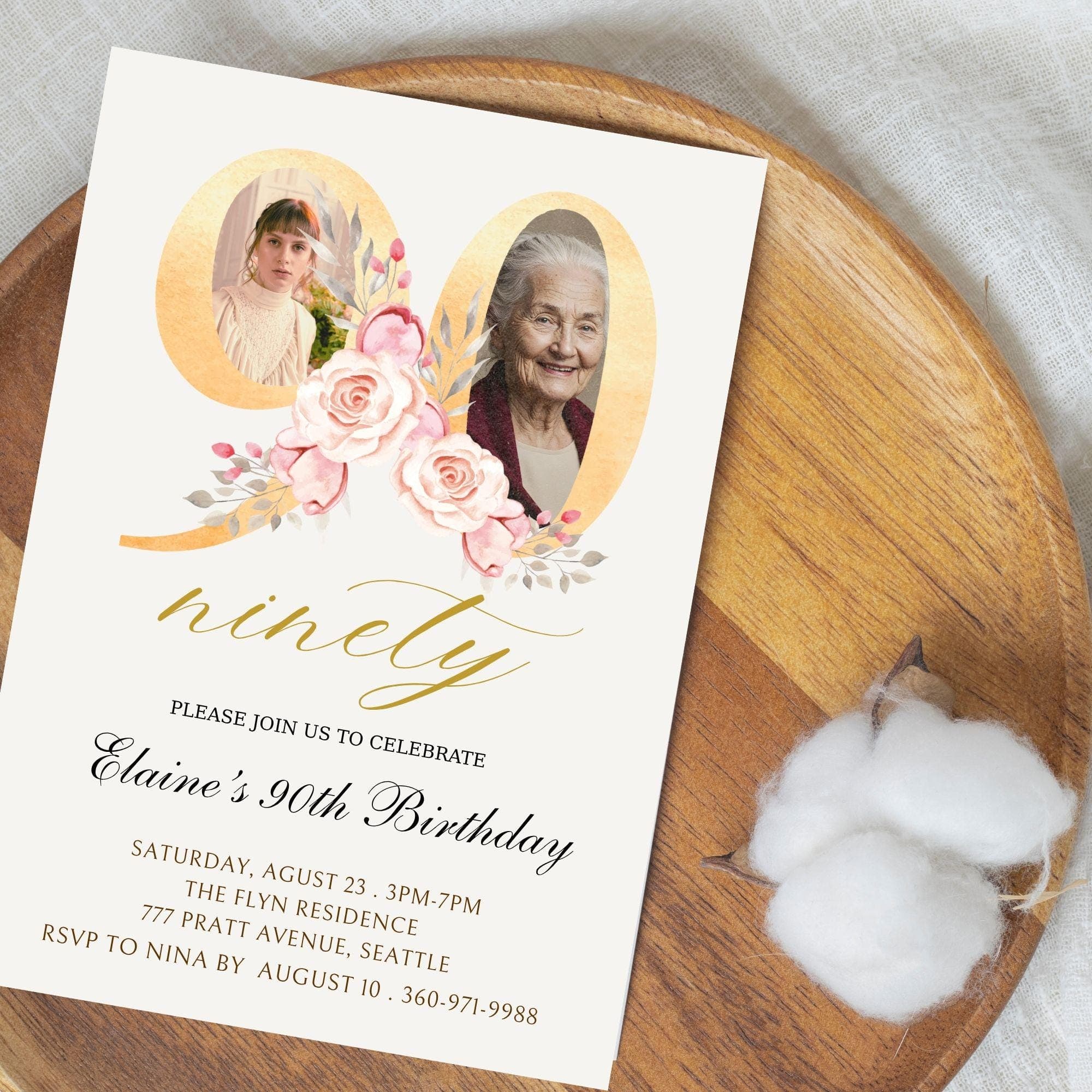 Floral 90th Birthday Invitation | Photo Keepsake (Digital)