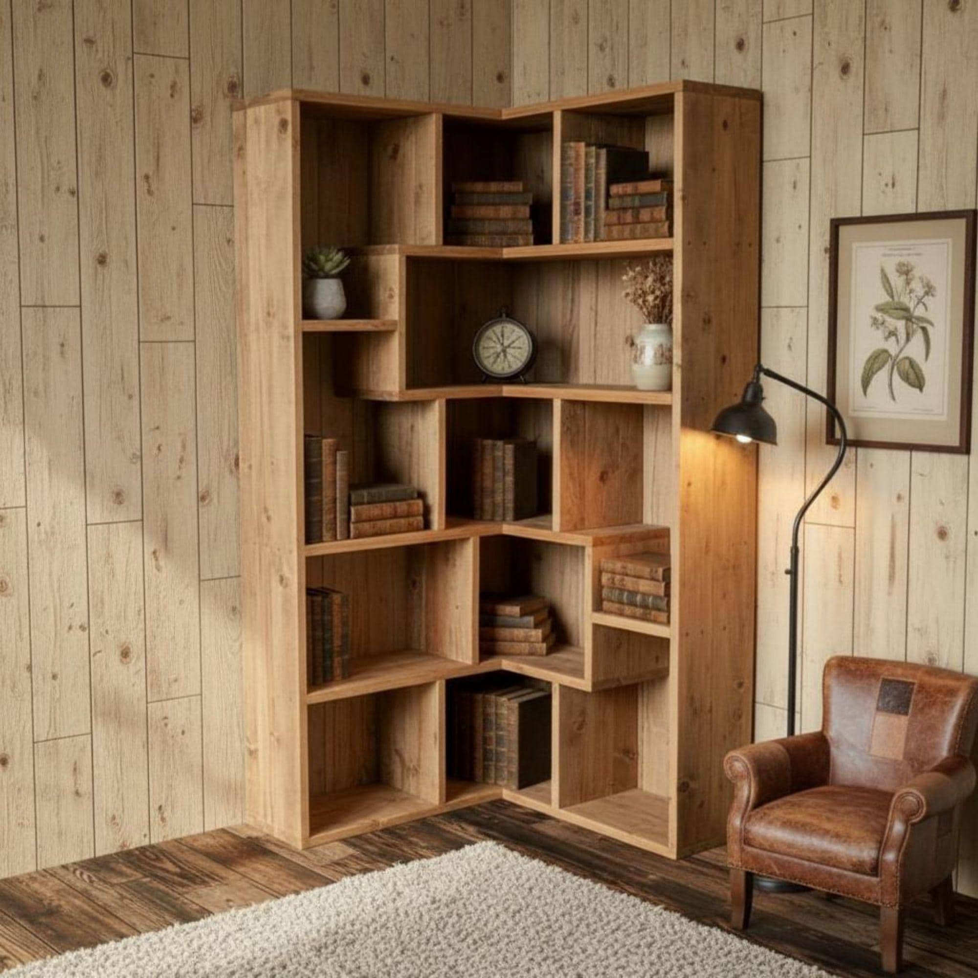 DIY Corner Bookshelf Plans PDF | Artistic Triangle Wall Shelf | Space-Saving Wood Corner Unit | Hanging Corner Bookcase & Decor 4