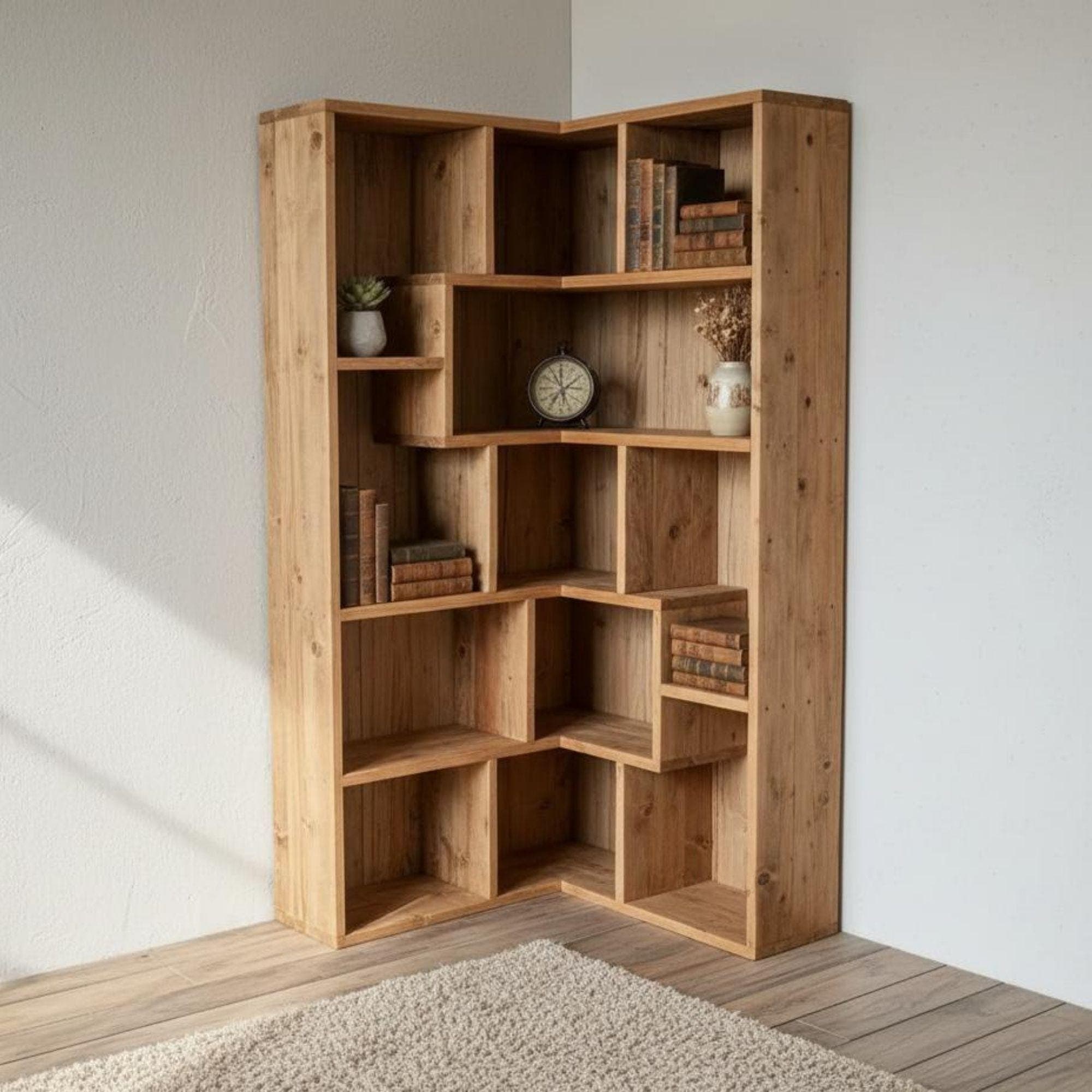 DIY Corner Bookshelf Plans PDF | Artistic Triangle Wall Shelf | Space-Saving Wood Corner Unit | Hanging Corner Bookcase & Decor 2