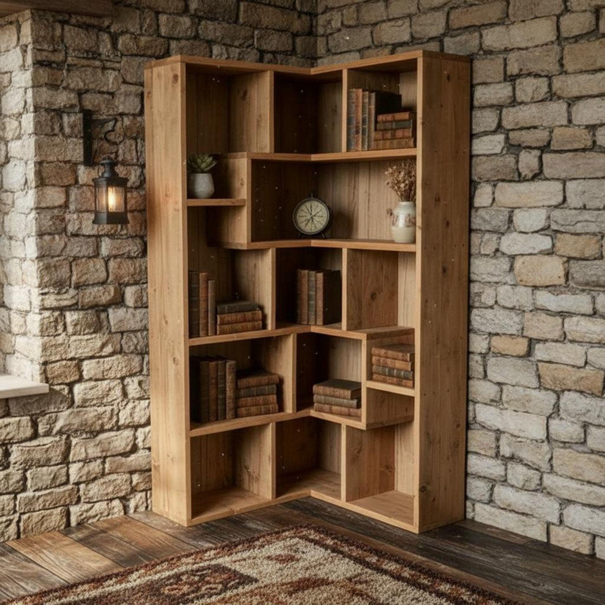 DIY Corner Bookshelf Plans PDF | Artistic Triangle Wall Shelf | Space-Saving Wood Corner Unit | Hanging Corner Bookcase & Decor 5