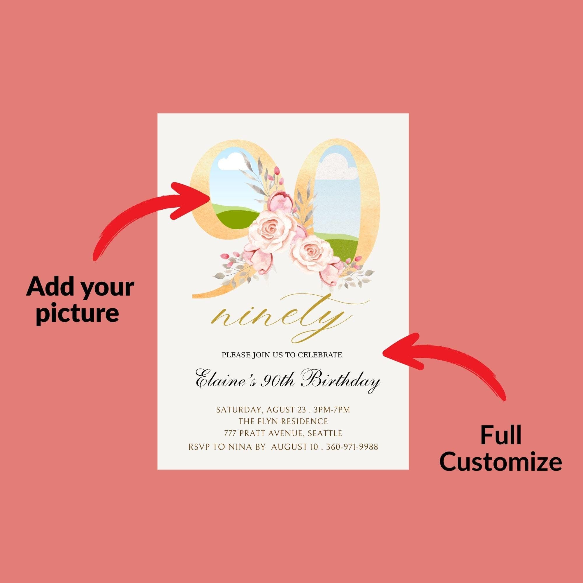 Floral 90th Birthday Invitation | Photo Keepsake (Digital) 5