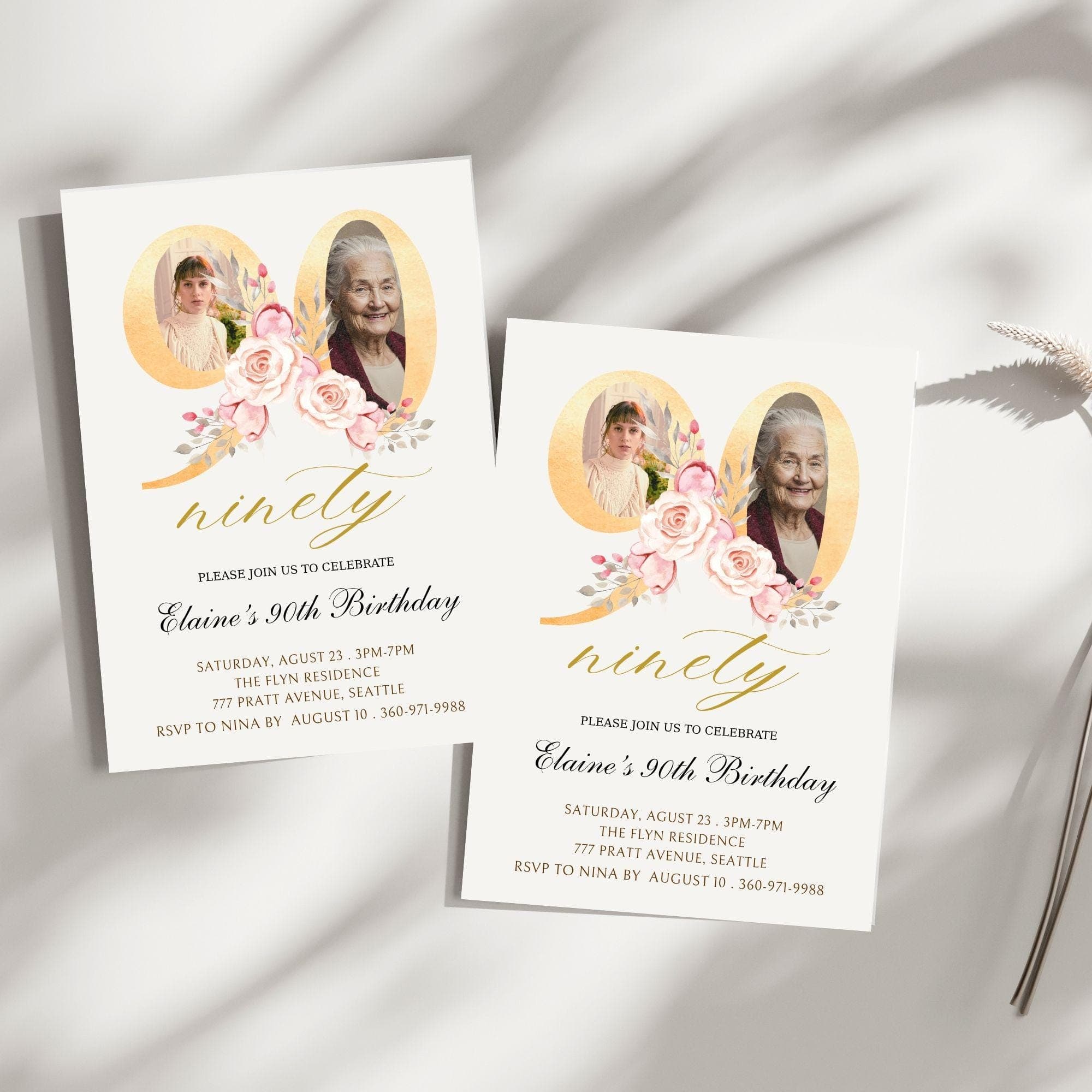 Floral 90th Birthday Invitation | Photo Keepsake (Digital) 2