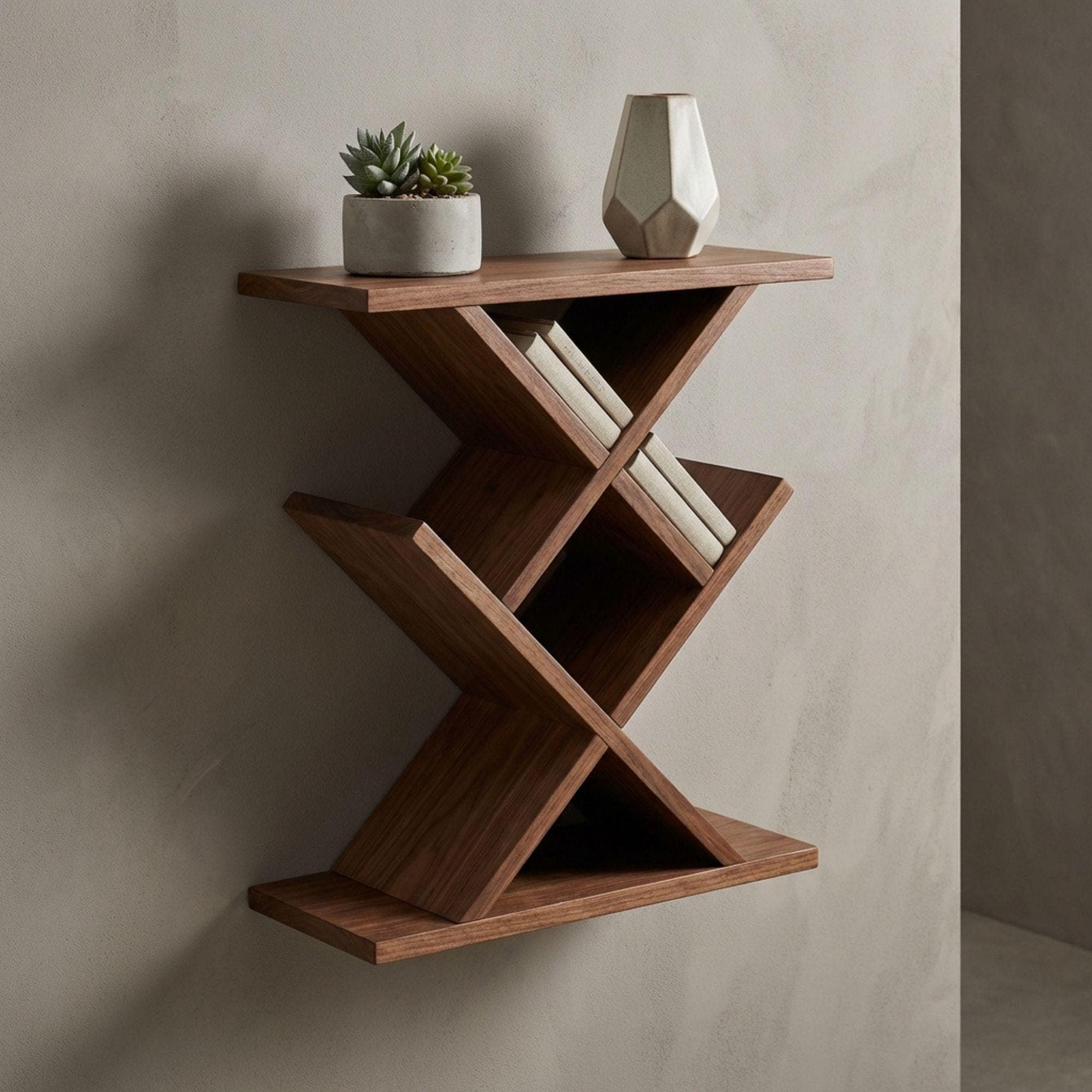 DIY Floating Shelf Plan | Modern X Shaped Wall Shelf Blueprint | Geometric Bookcase Woodworking Plans