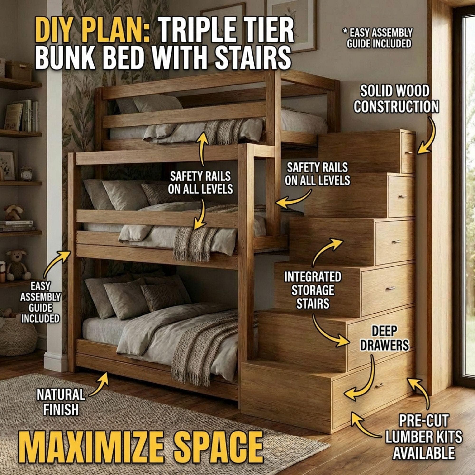 DIY Triple Bunk Bed Plans | 3 Tier Bunk Bed with Storage Stairs | Wooden Loft Bed Blueprint PDF 2