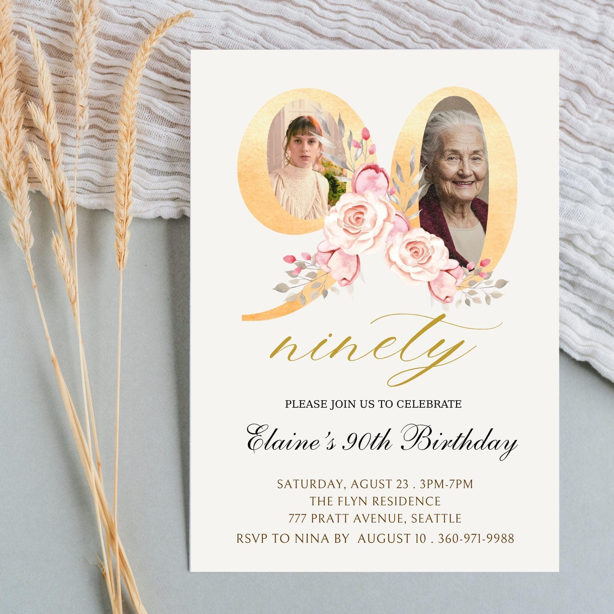 Floral 90th Birthday Invitation | Photo Keepsake (Digital) 4