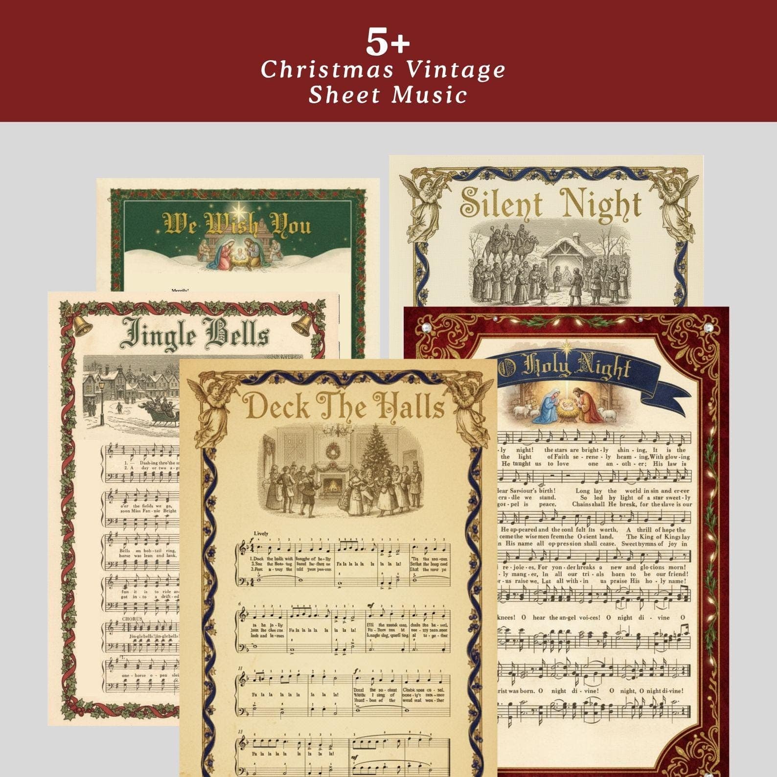 Vintage Christmas Carol Sheet Music Prints, Set of 5 (Digital Download)