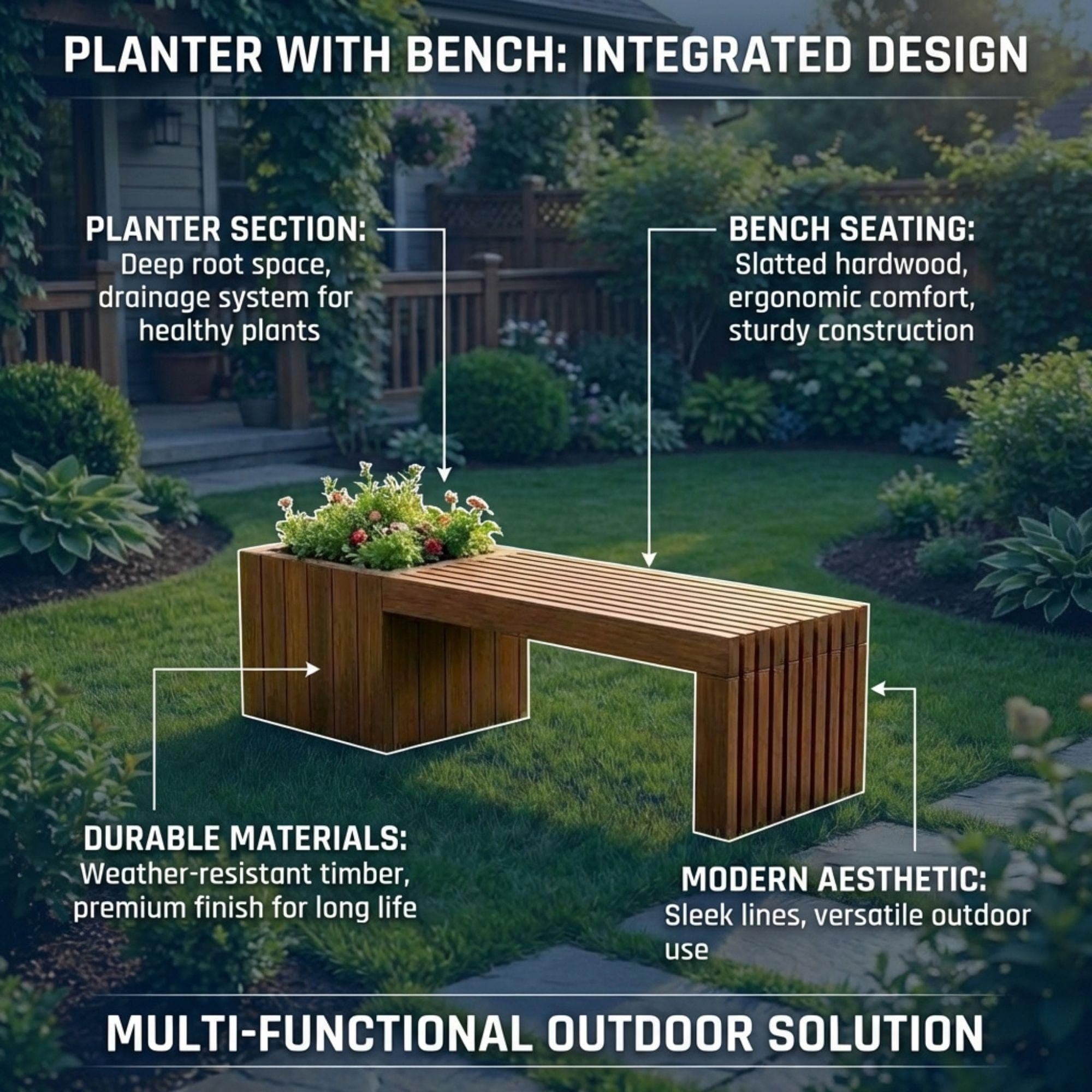Modern Slatted Planter Bench Plans | Outdoor Seating Blueprint (PDF Download) 2