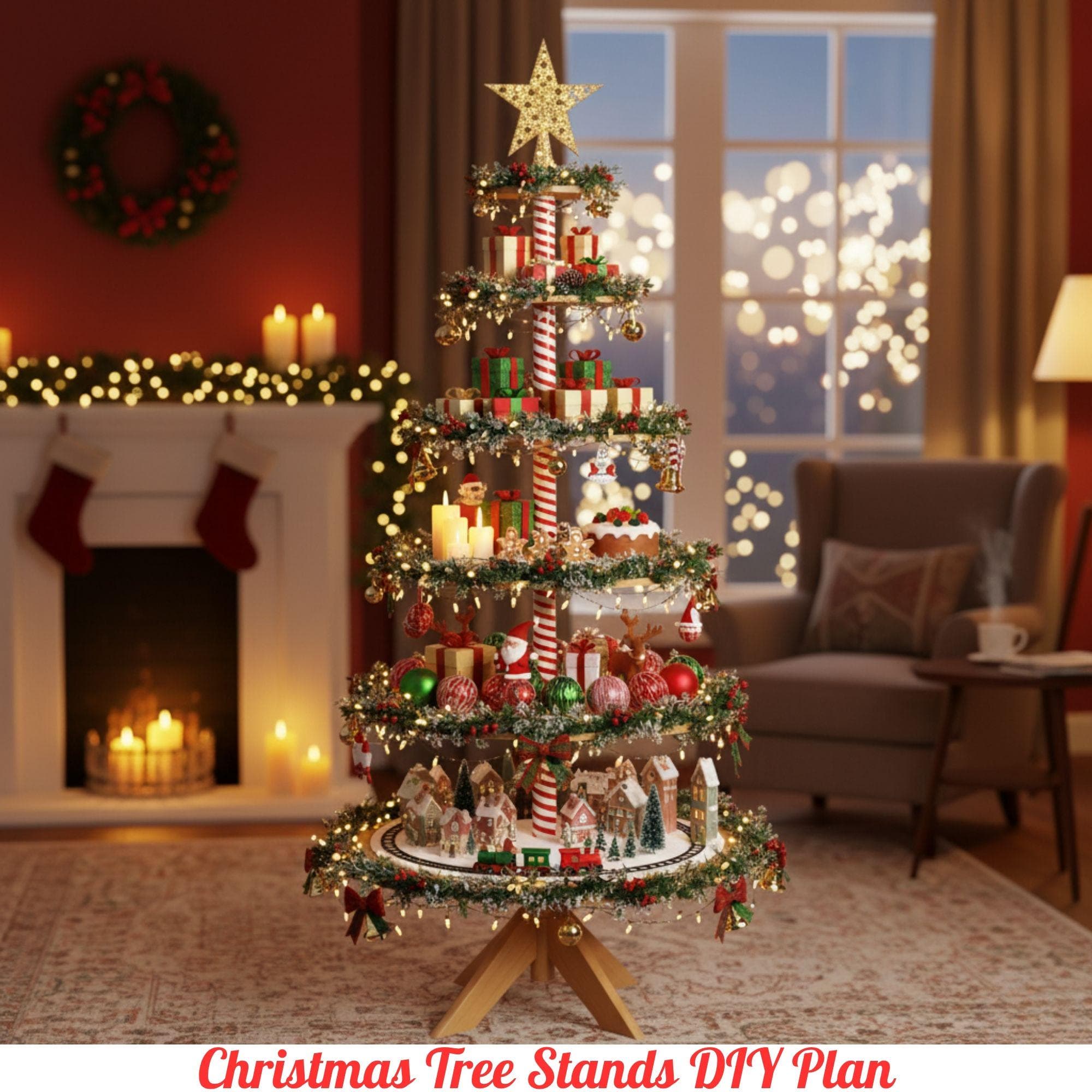 Christmas Village Tree Stand Plans | DIY Tiered Display Shelf Instructions | Wooden Miniature Village Platform | Woodworking Pattern