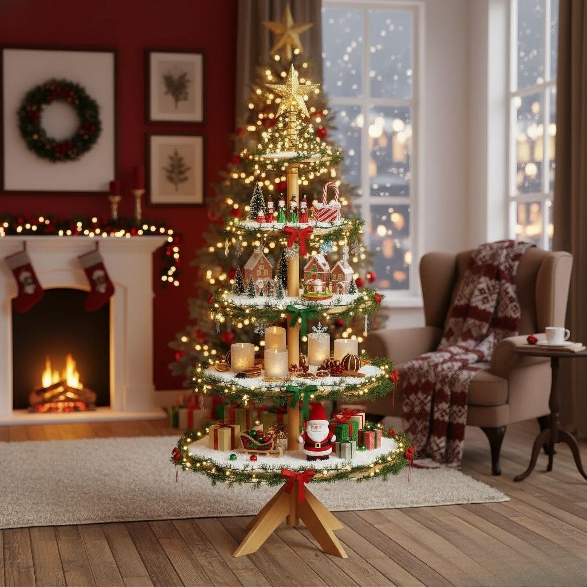 Christmas Village Tree Stand Plans | DIY Tiered Display Shelf Instructions | Wooden Miniature Village Platform | Woodworking Pattern 4