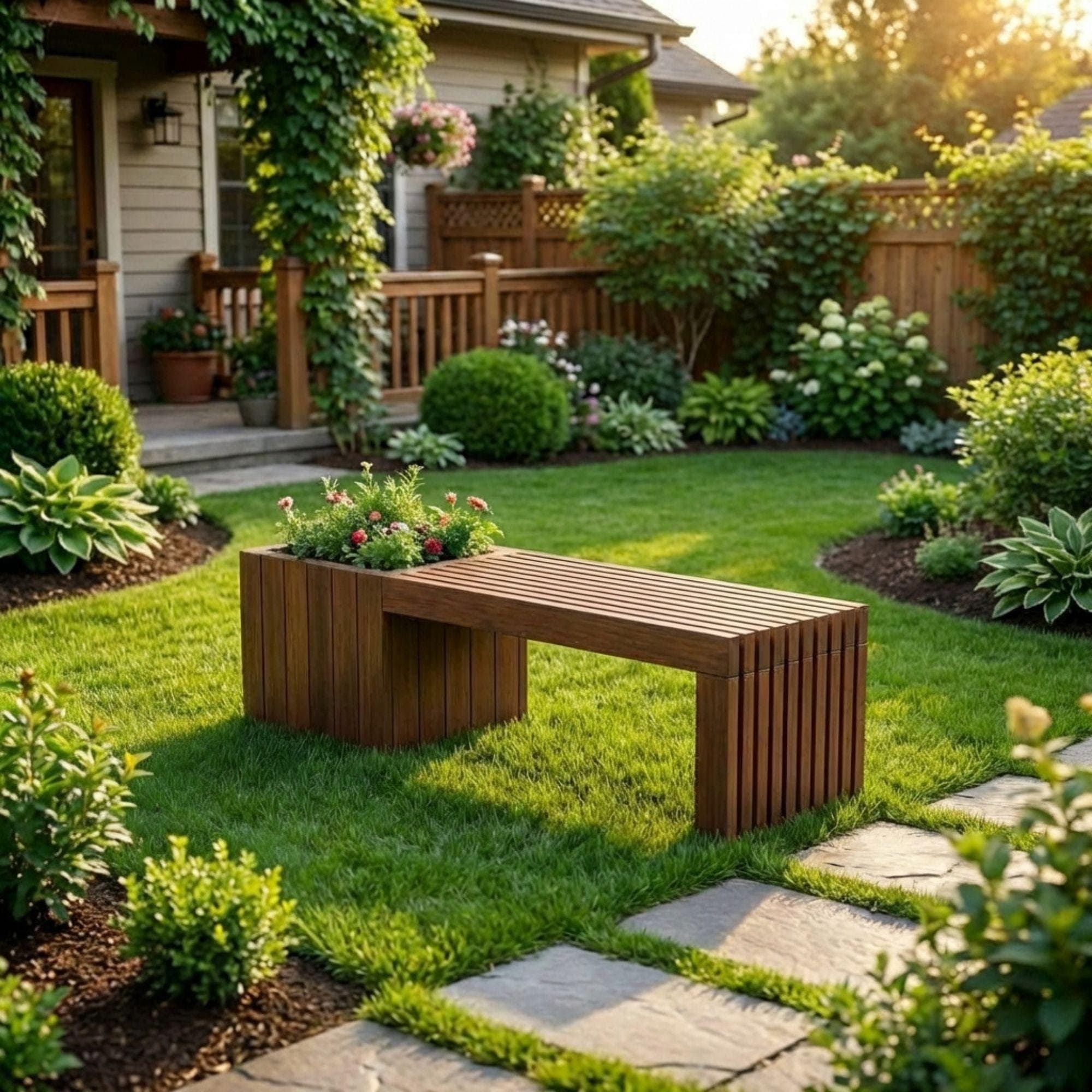Modern Slatted Planter Bench Plans | Outdoor Seating Blueprint (PDF Download)