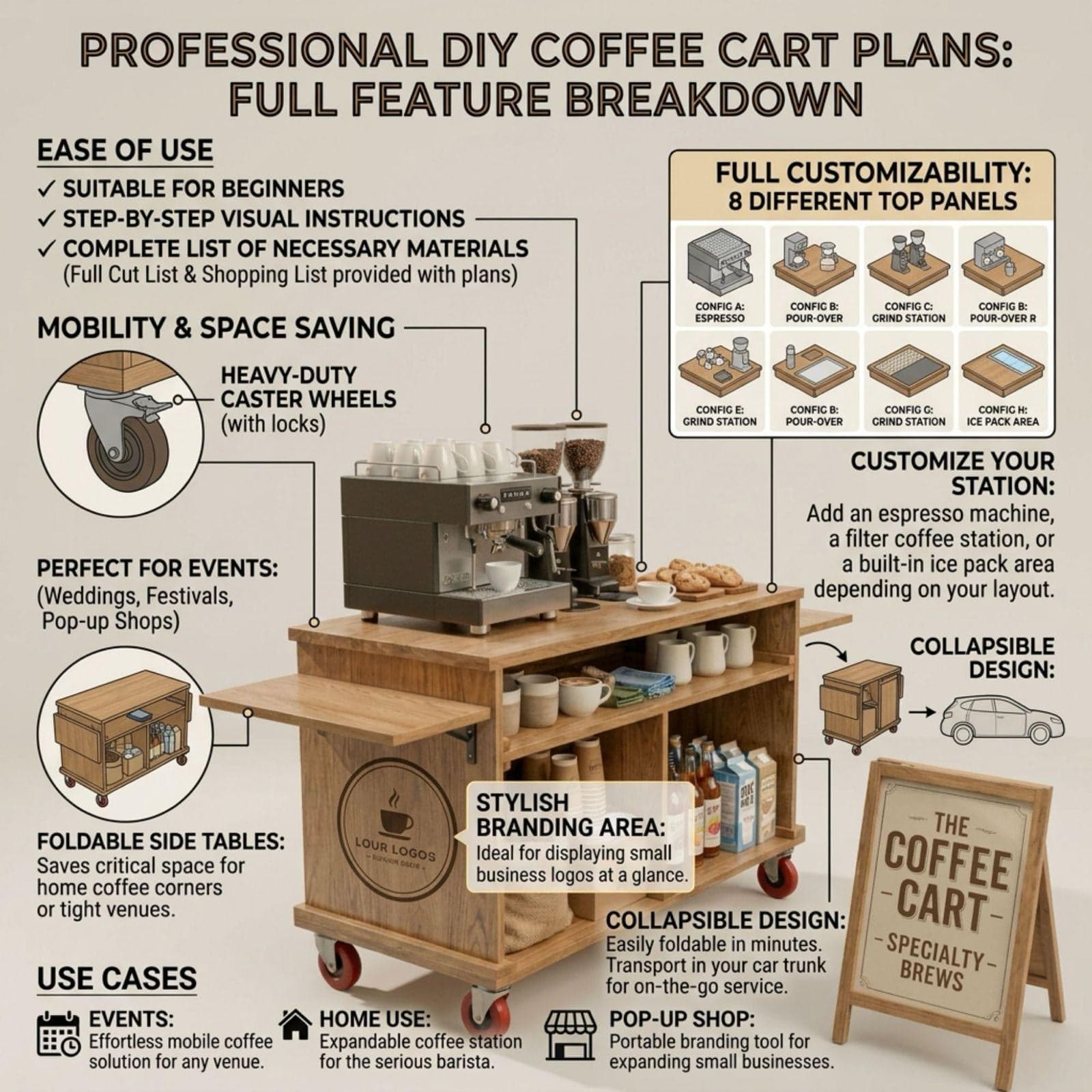 Mobile Folding Coffee Cart DIY Plans PDF | Collapsible Bar Cart for Events 9